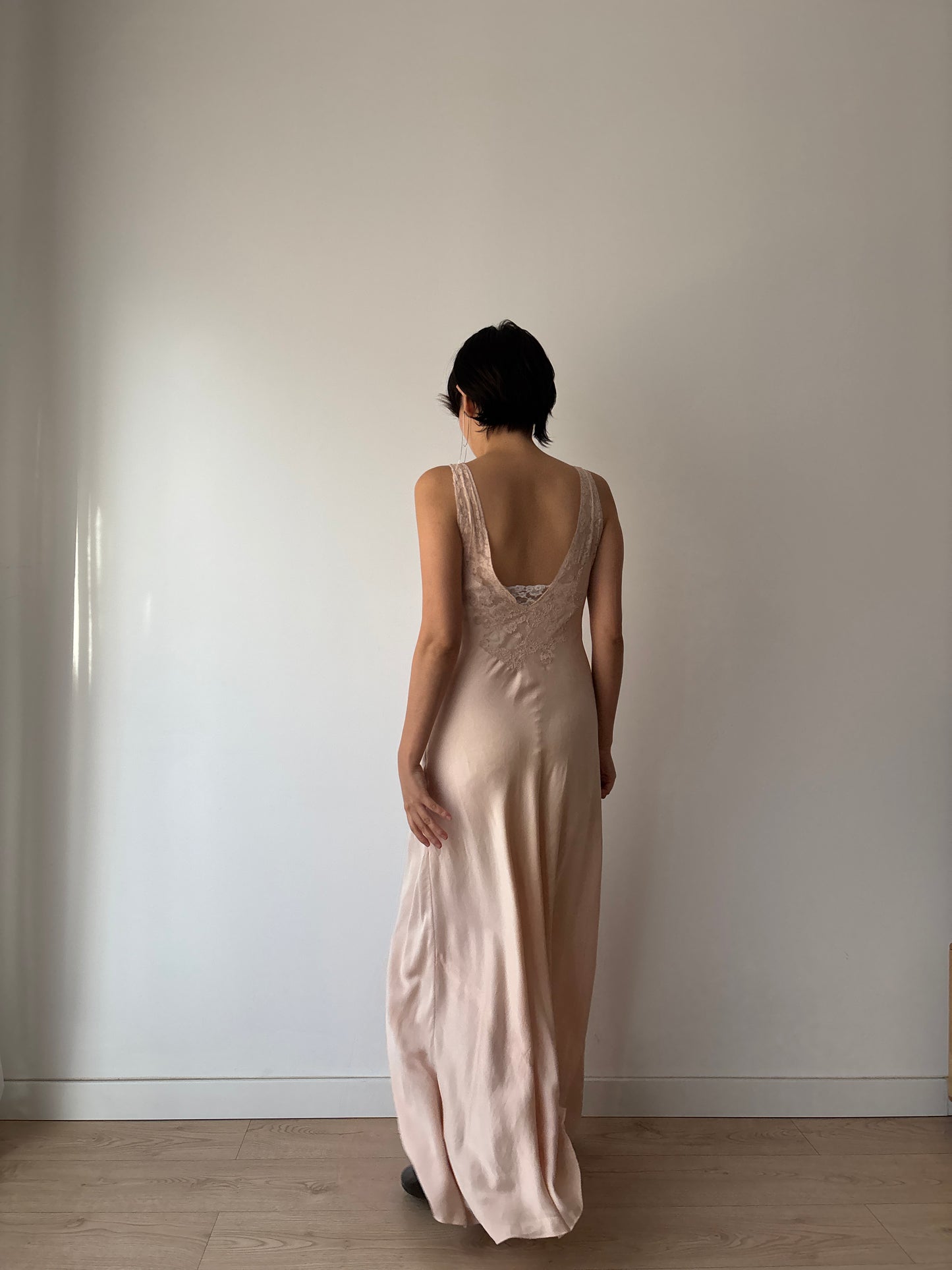 1930s Antique Bias Cut French Lace Appliqué Pink Pure Silk Dress