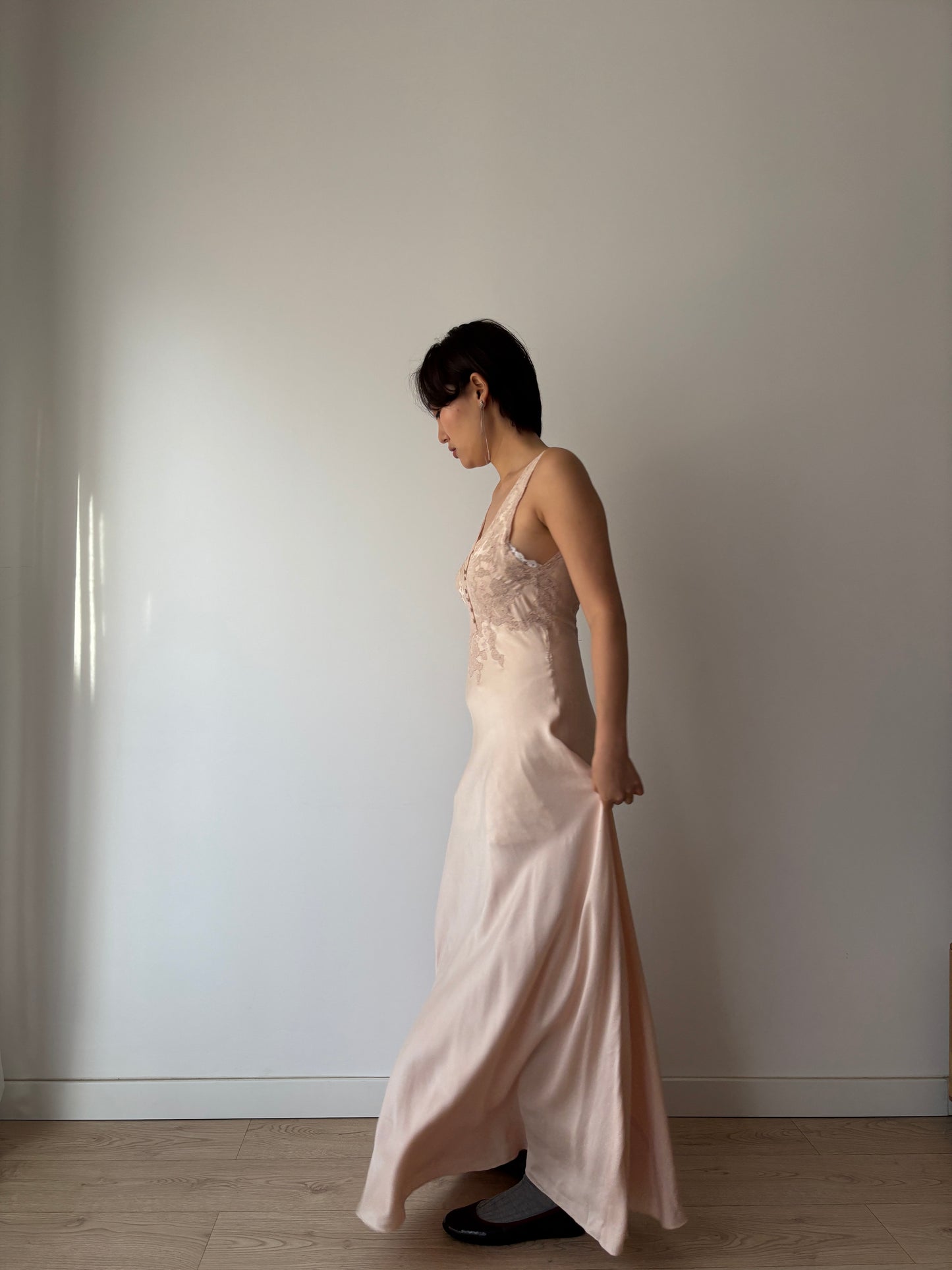 1930s Antique Bias Cut French Lace Appliqué Pink Pure Silk Dress