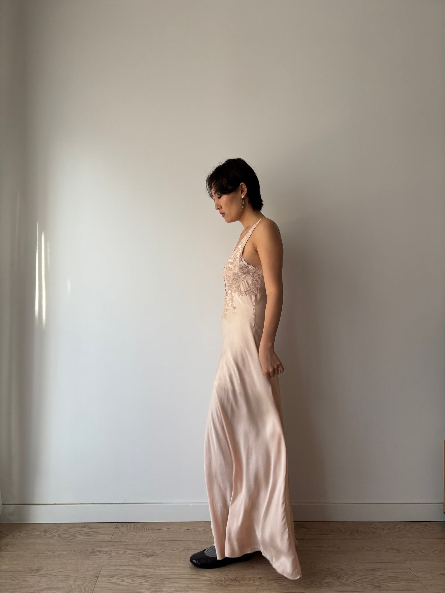 1930s Antique Bias Cut French Lace Appliqué Pink Pure Silk Dress