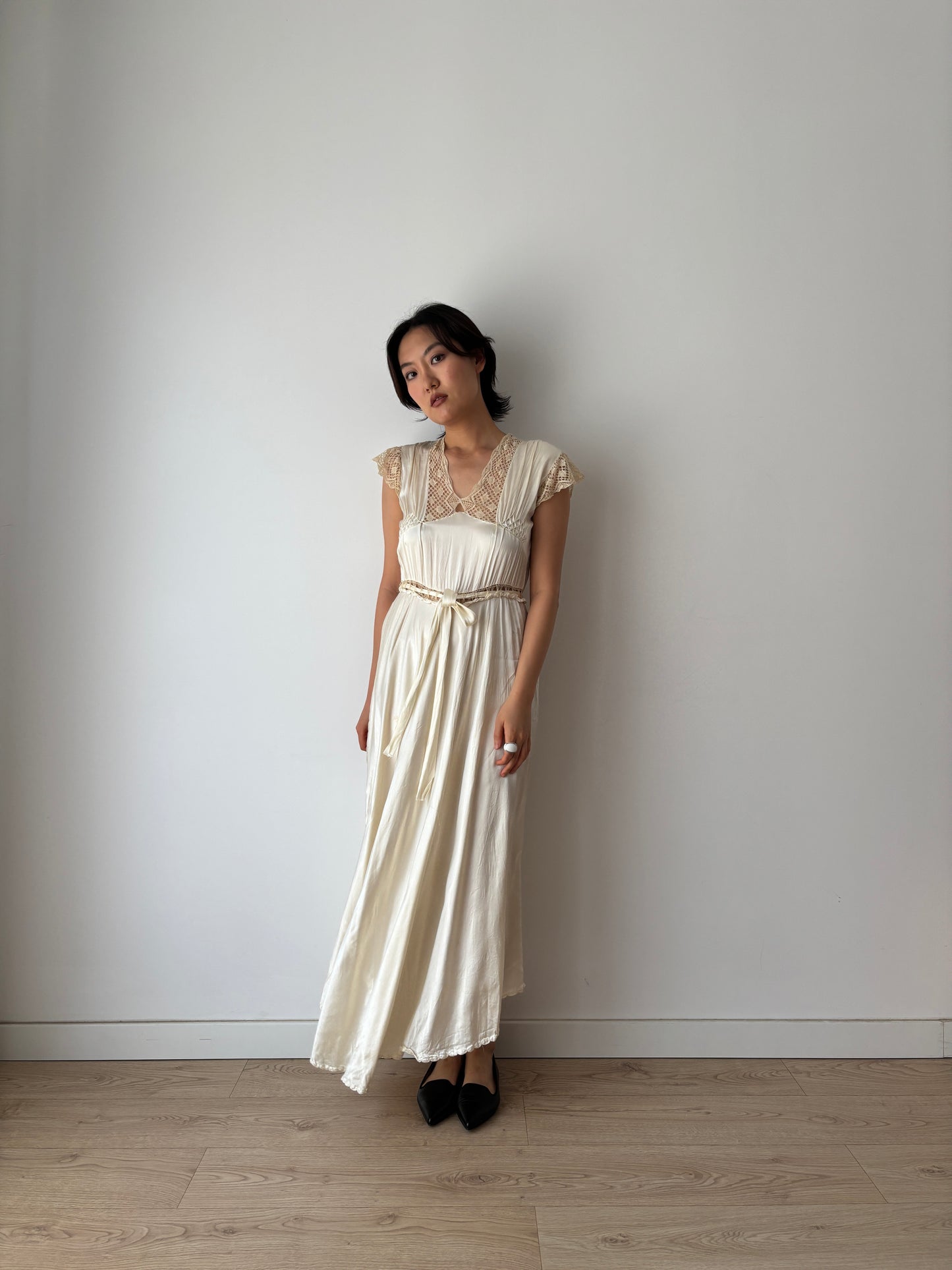 1930s Vintage Silk Satin Lace Wedding Dress, Antique Bias Cut Bridal Slip Gown