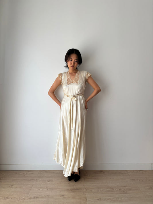 1930s Vintage Silk Satin Lace Wedding Dress, Antique Bias Cut Bridal Slip Gown
