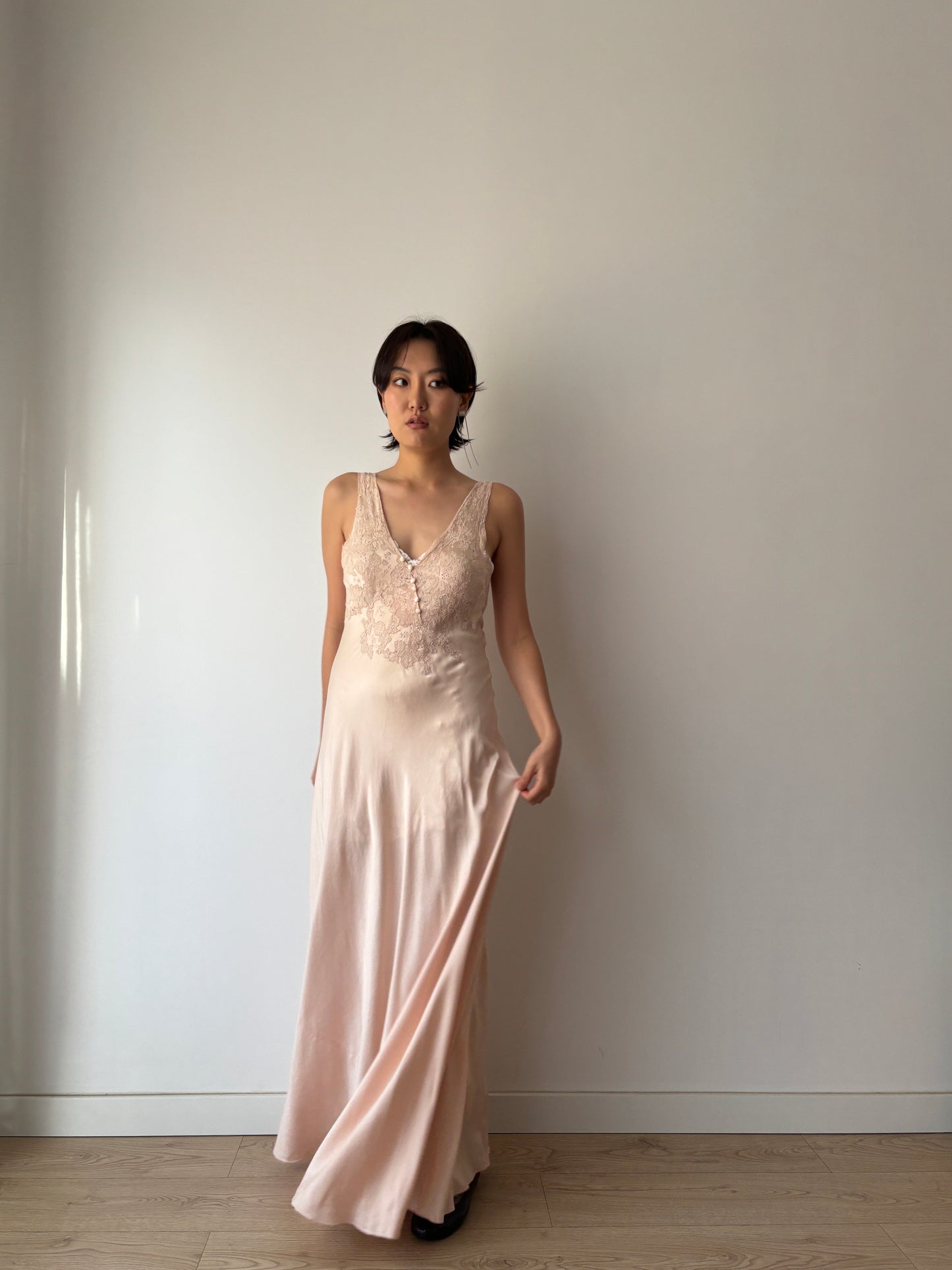 1930s Antique Bias Cut French Lace Appliqué Pink Pure Silk Dress