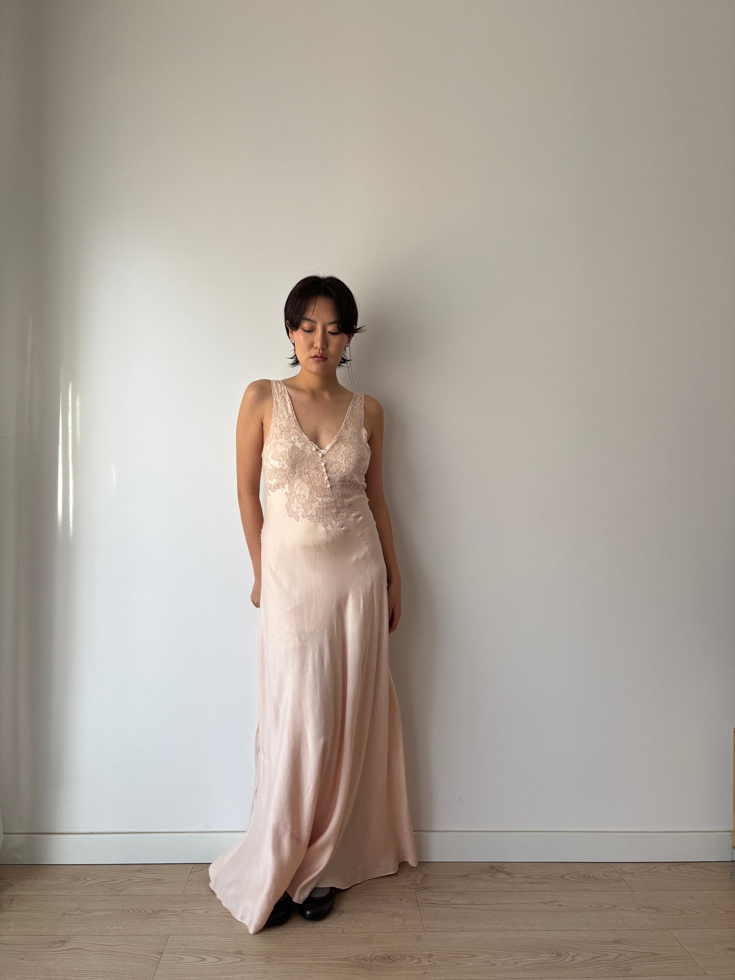 1930s Antique Bias Cut French Lace Appliqué Pink Pure Silk Dress