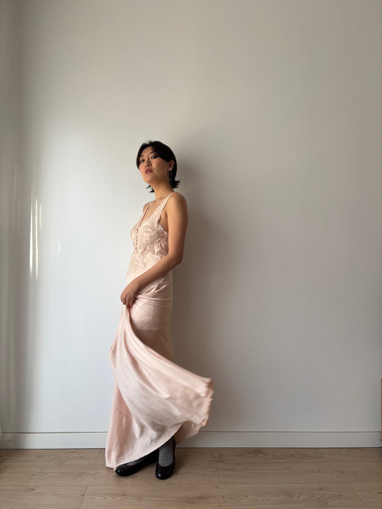 1930s Antique Bias Cut French Lace Appliqué Pink Pure Silk Dress