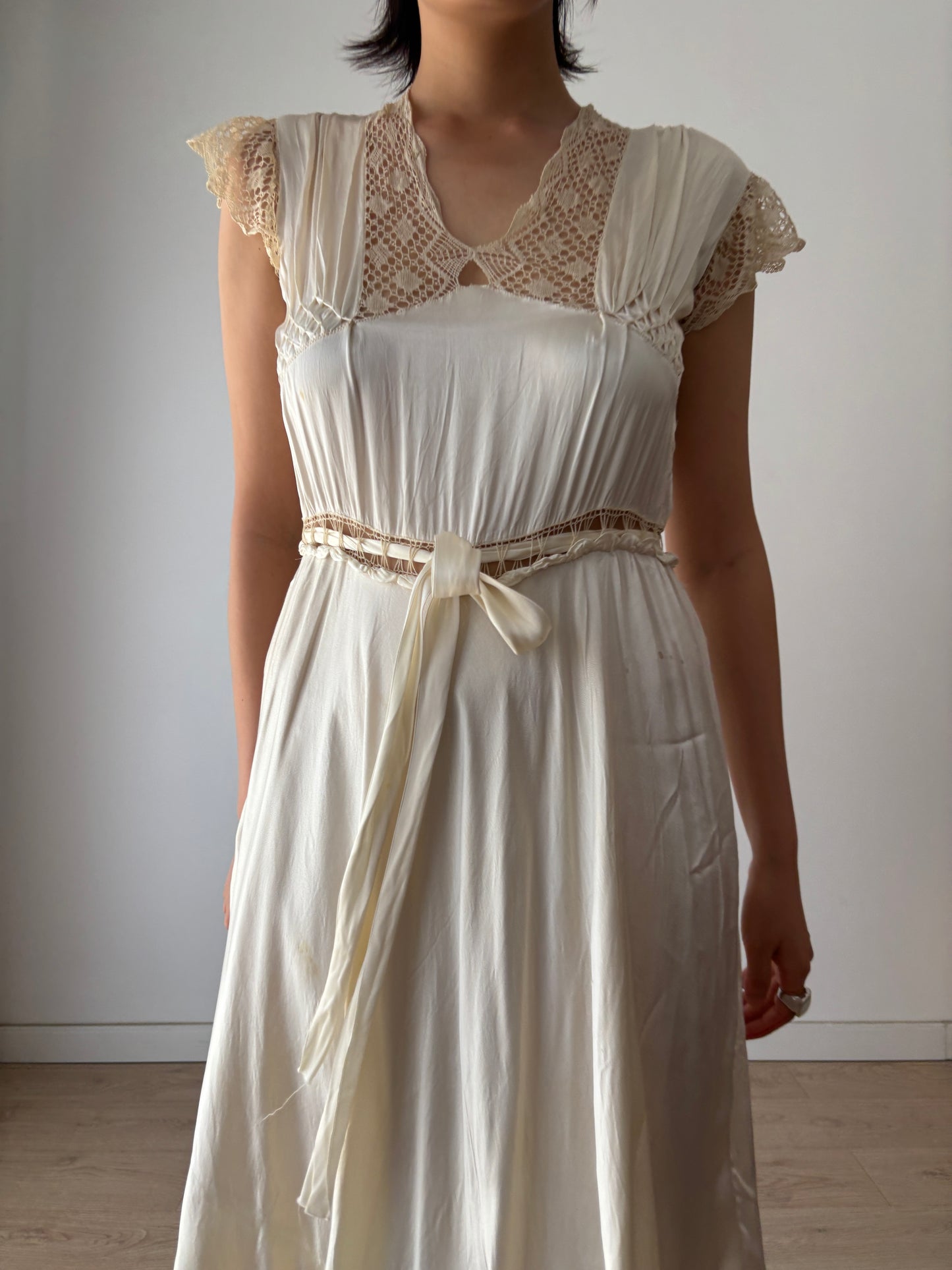 1930s Vintage Silk Satin Lace Wedding Dress, Antique Bias Cut Bridal Slip Gown