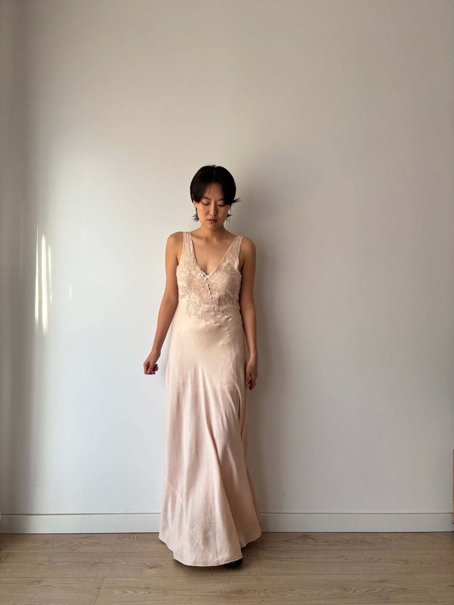 1930s Antique Bias Cut French Lace Appliqué Pink Pure Silk Dress