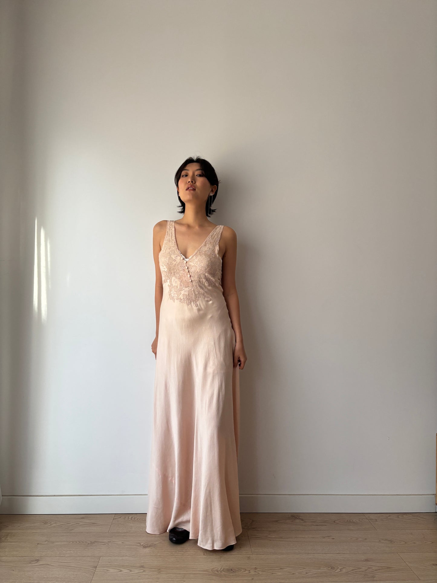 1930s Antique Bias Cut French Lace Appliqué Pink Pure Silk Dress