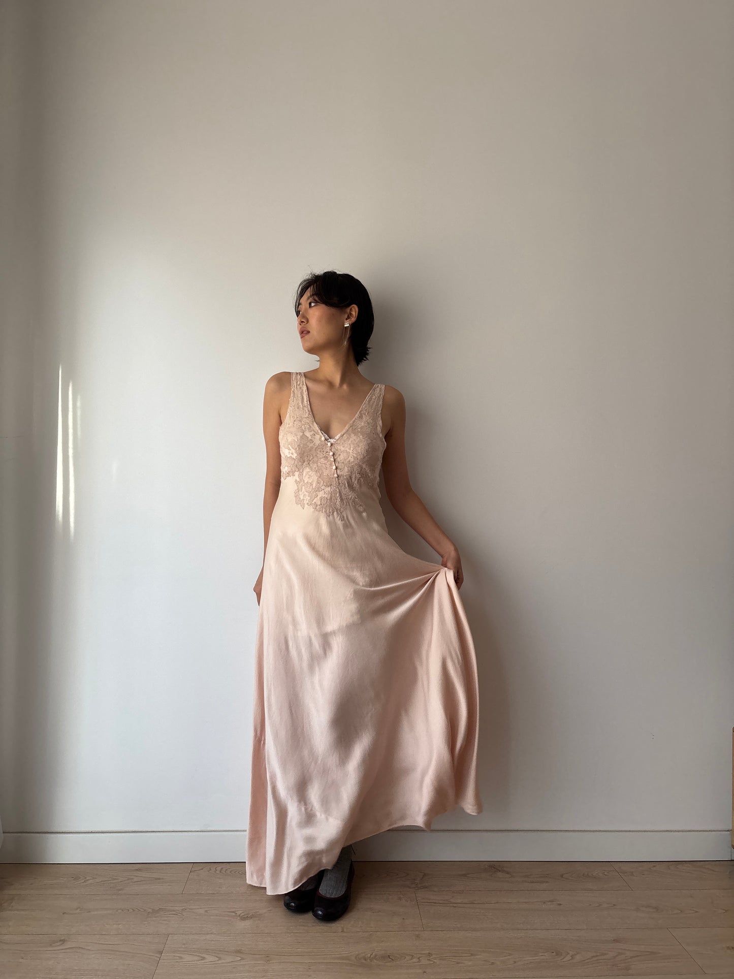 1930s Antique Bias Cut French Lace Appliqué Pink Pure Silk Dress