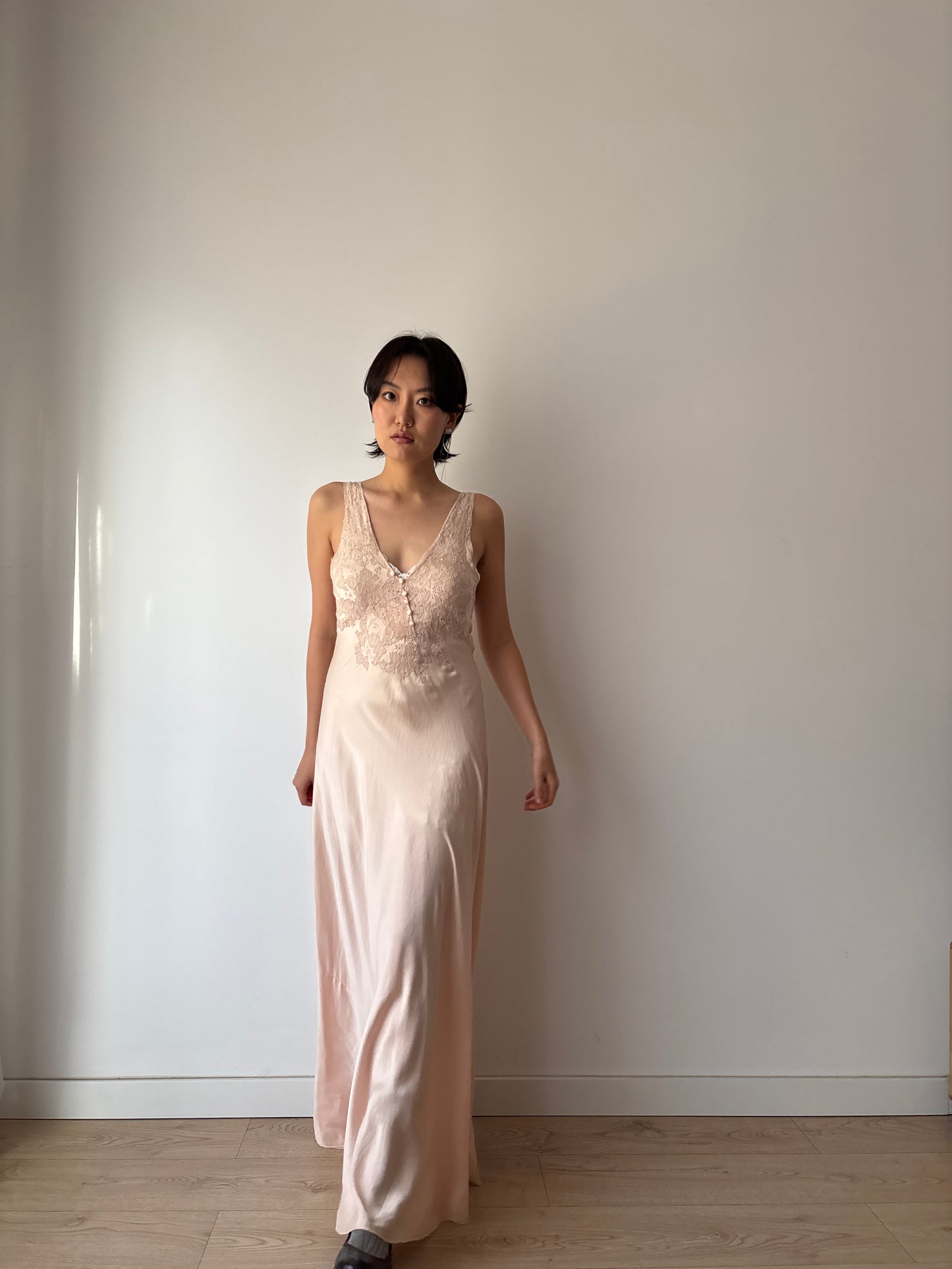 1930s Antique Bias Cut French Lace Appliqué Pink Pure Silk Dress