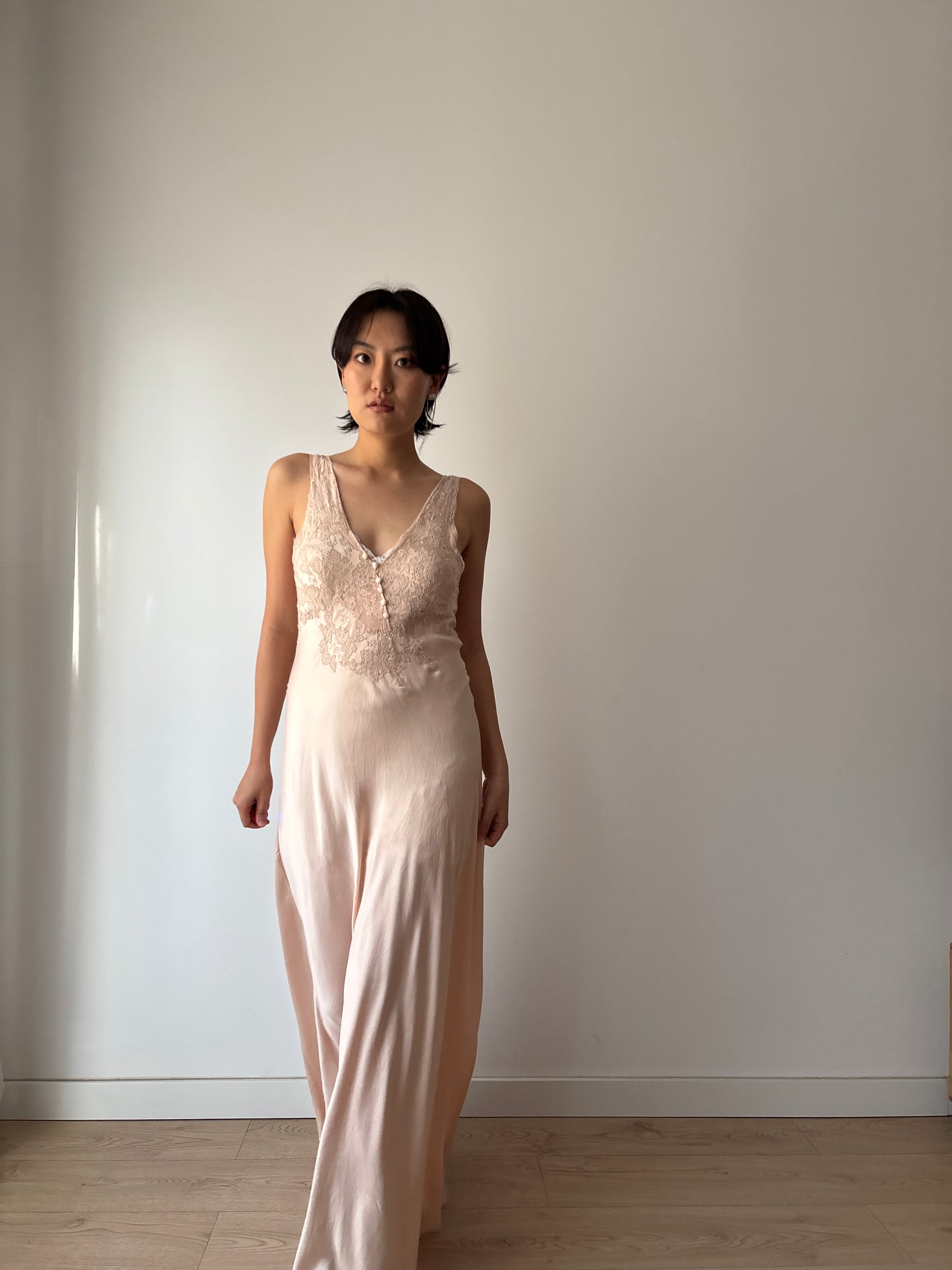 1930s Antique Bias Cut French Lace Appliqué Pink Pure Silk Dress