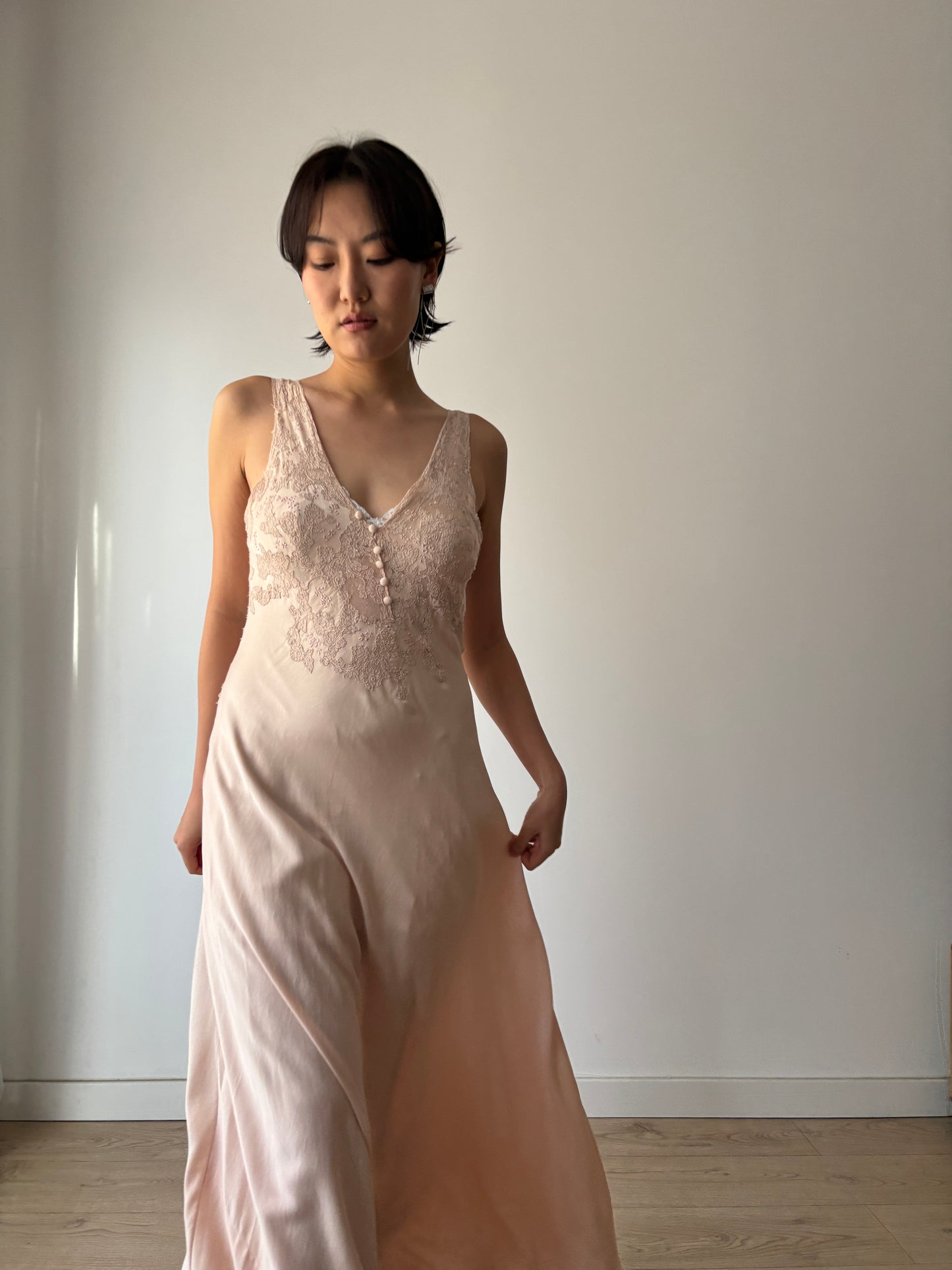 1930s Antique Bias Cut French Lace Appliqué Pink Pure Silk Dress