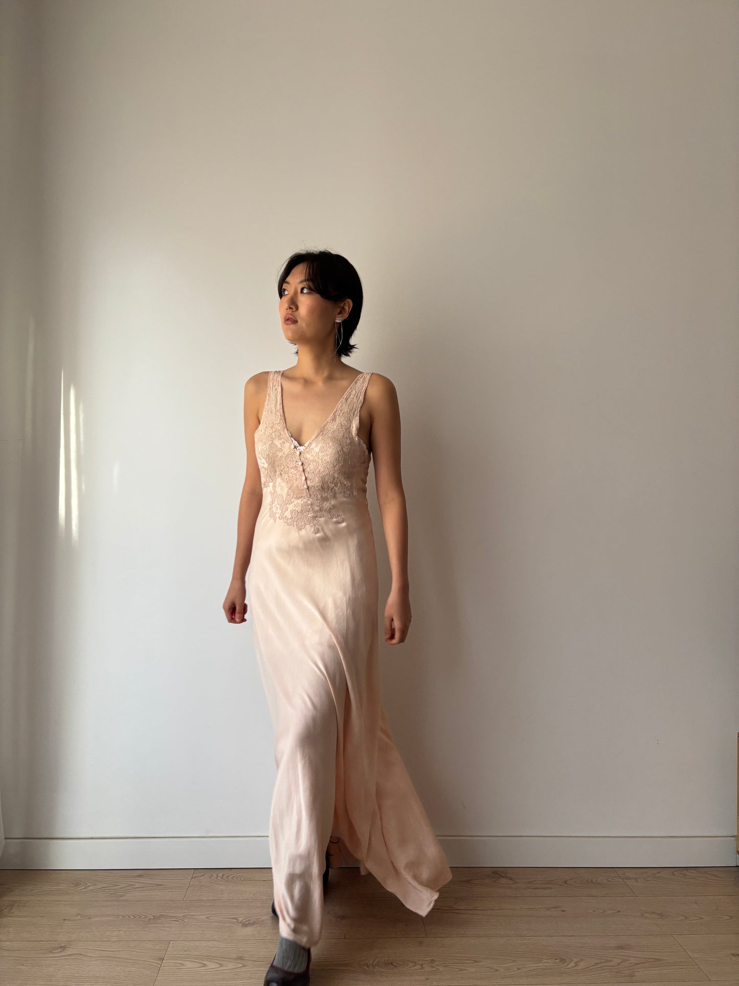 1930s Antique Bias Cut French Lace Appliqué Pink Pure Silk Dress