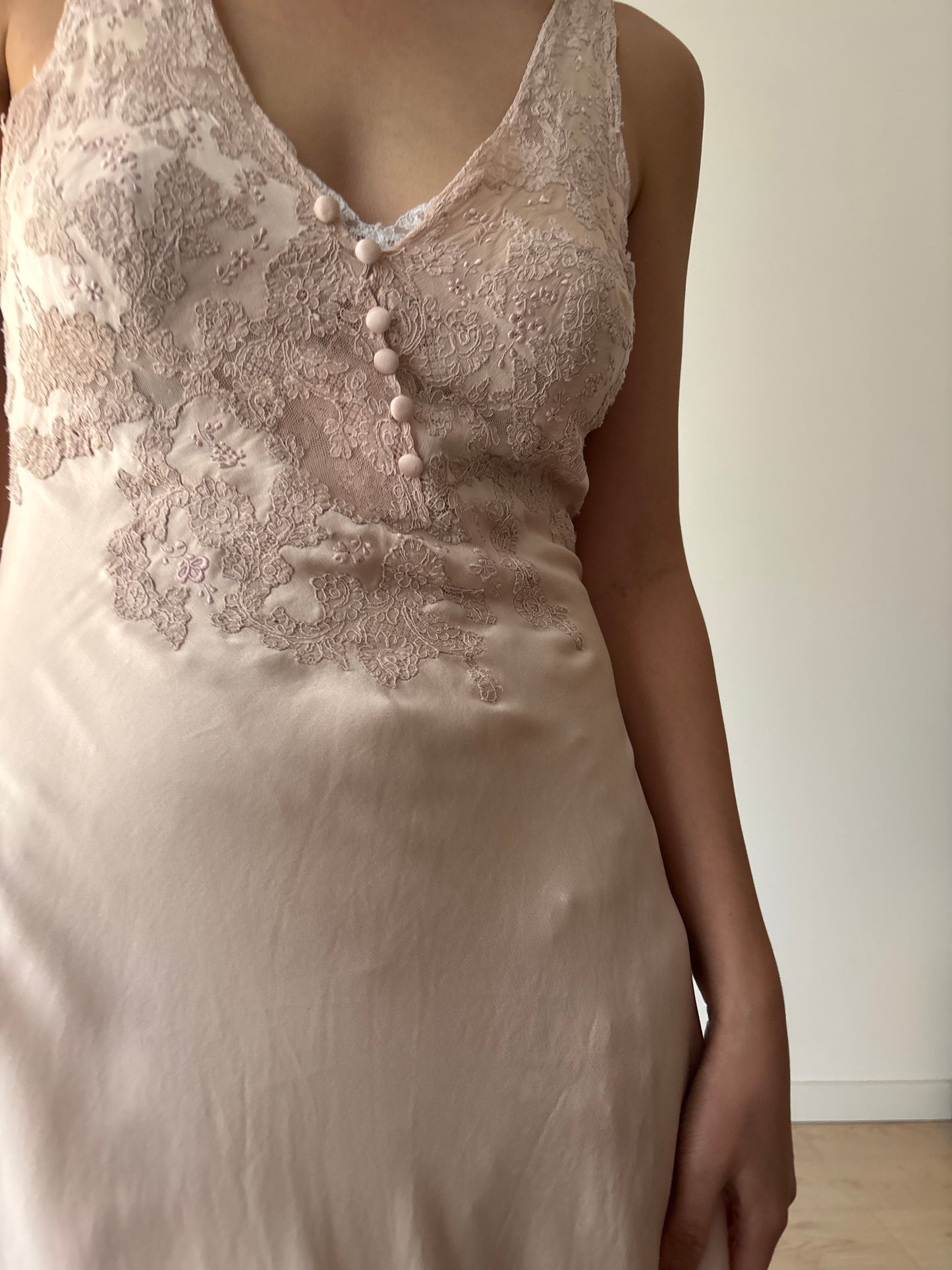 1930s Antique Bias Cut French Lace Appliqué Pink Pure Silk Dress