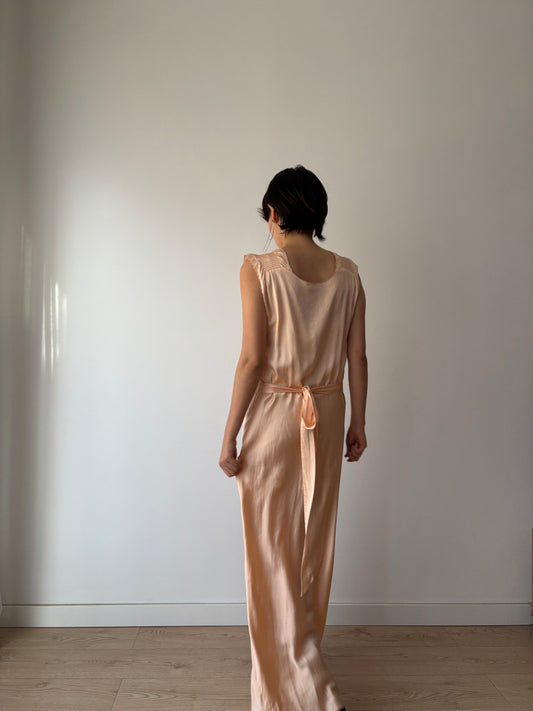 1940s Pin Tuck Antique Pastel Pink Pure Silk Lace Bias Cut Embroidered Nightgown