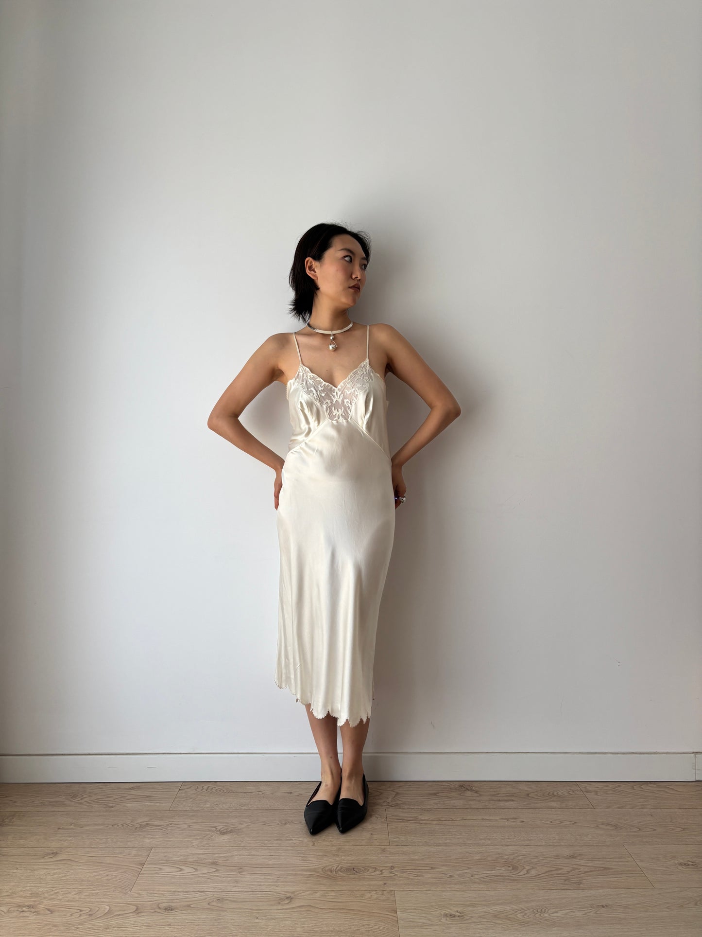 1930s Pure Silk Lace Slip Dress, Antique White Bridal Lingerie, French Romantic Underdress