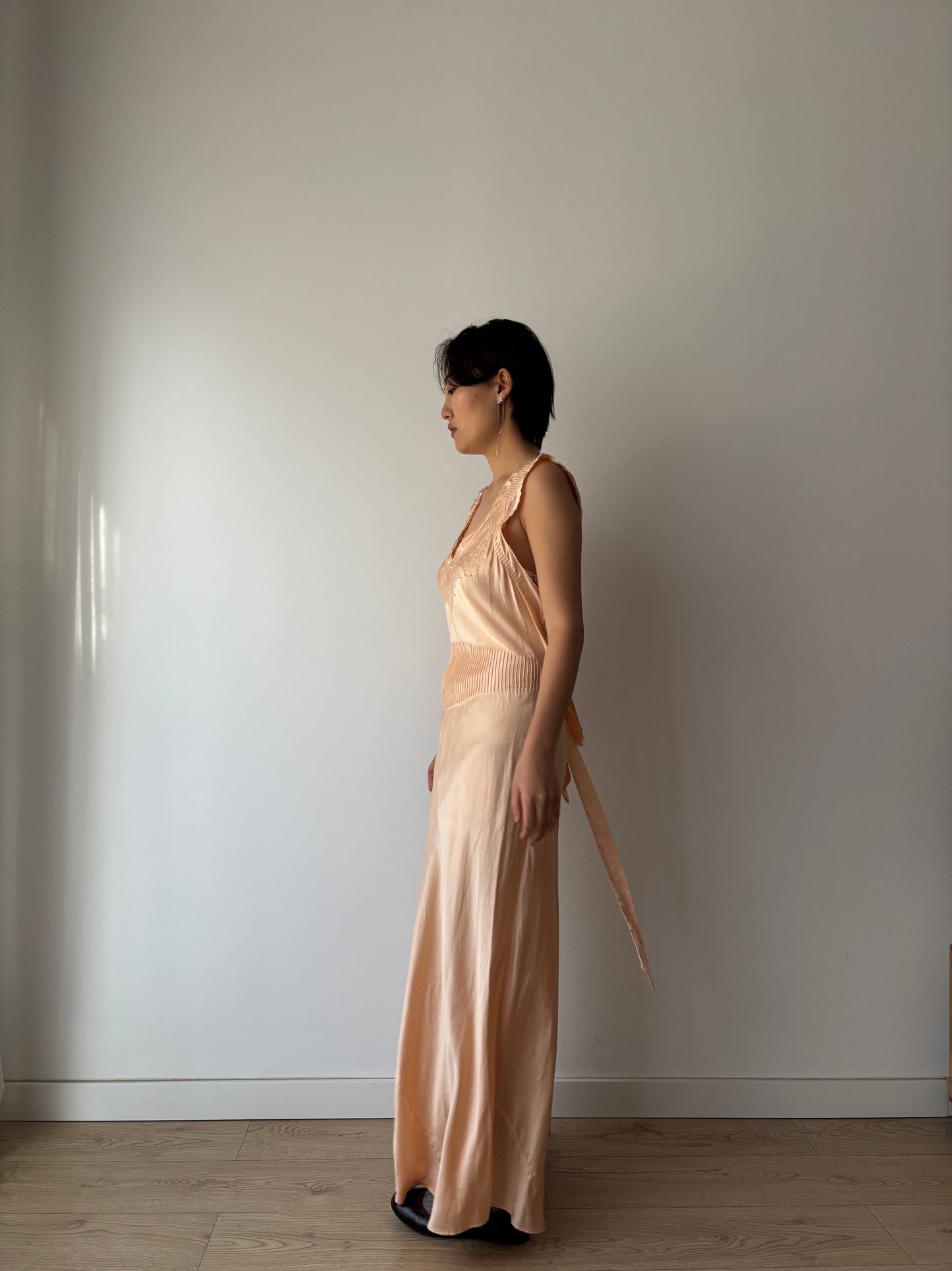 1940s Pin Tuck Antique Pastel Pink Pure Silk Lace Bias Cut Embroidered Nightgown