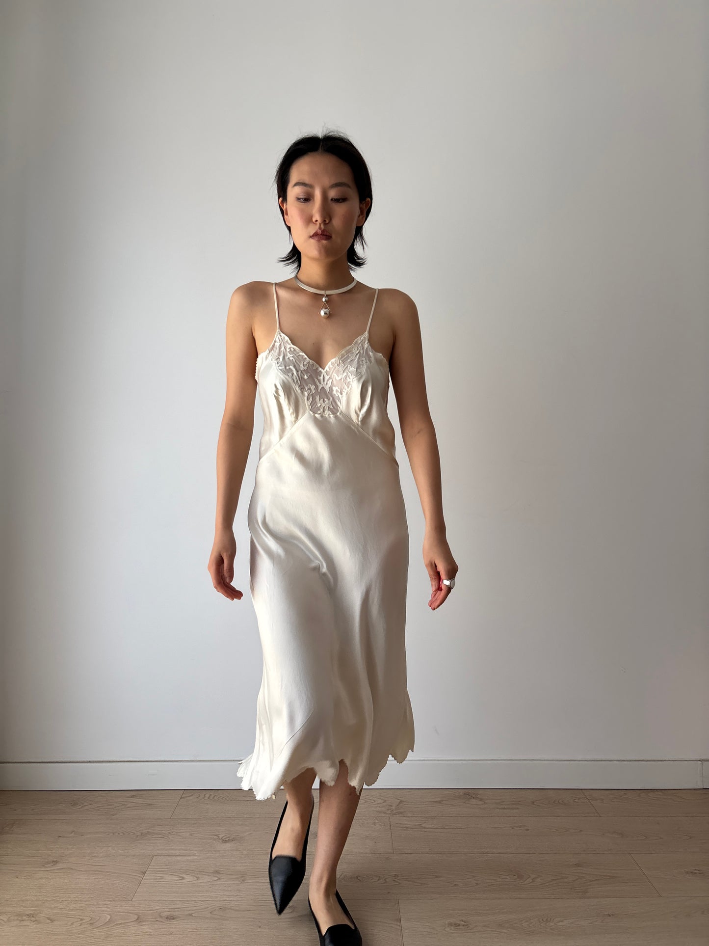 1930s Pure Silk Lace Slip Dress, Antique White Bridal Lingerie, French Romantic Underdress