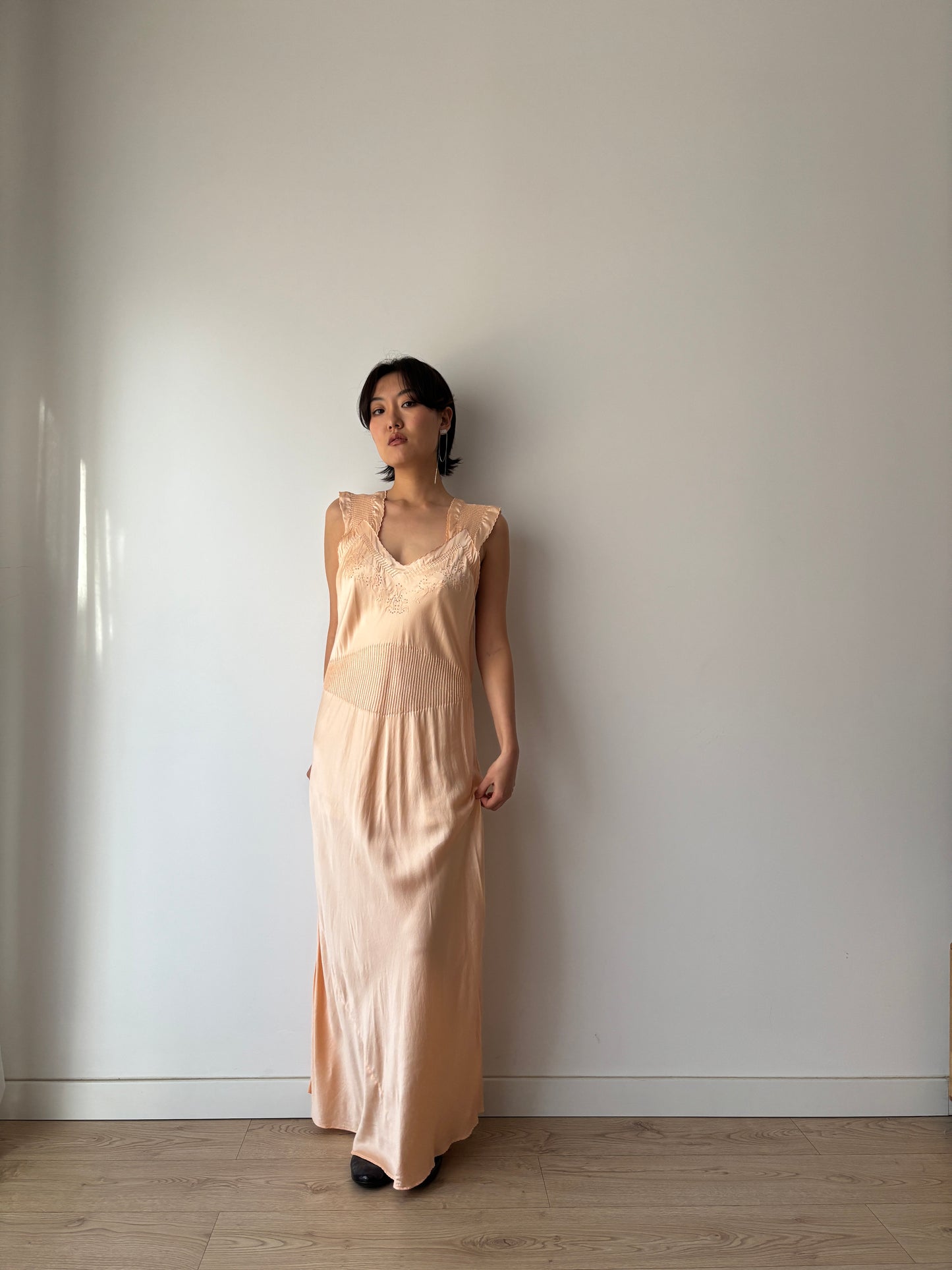 1940s Pin Tuck Antique Pastel Pink Pure Silk Lace Bias Cut Embroidered Nightgown