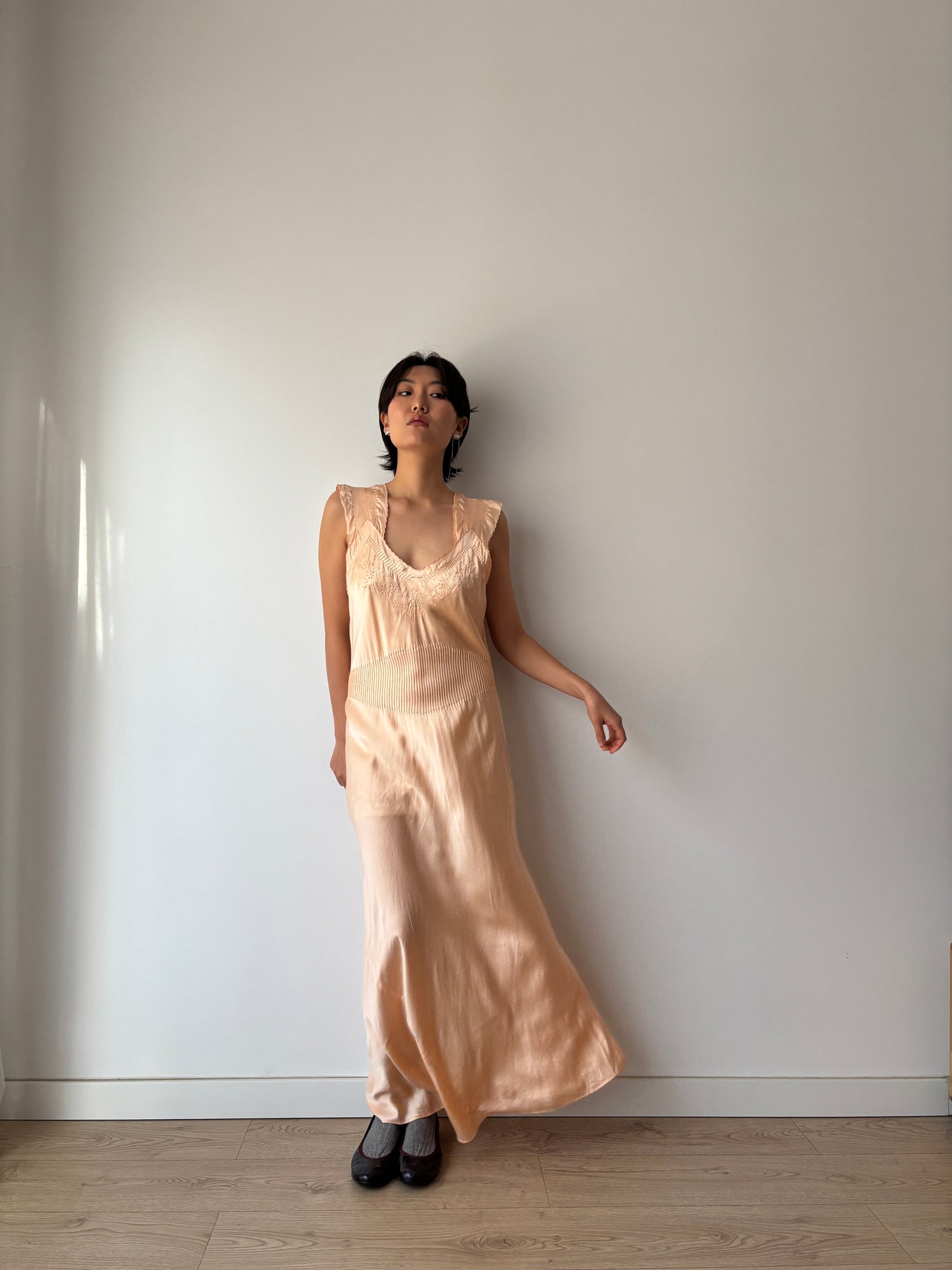 1940s Pin Tuck Antique Pastel Pink Pure Silk Lace Bias Cut Embroidered Nightgown