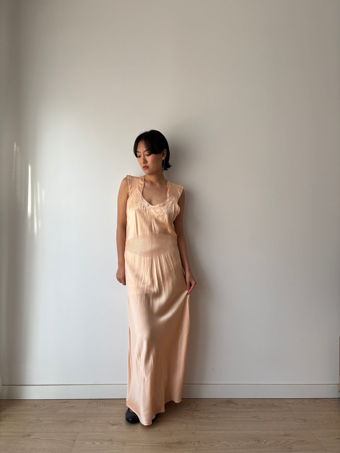 1940s Pin Tuck Antique Pastel Pink Pure Silk Lace Bias Cut Embroidered Nightgown