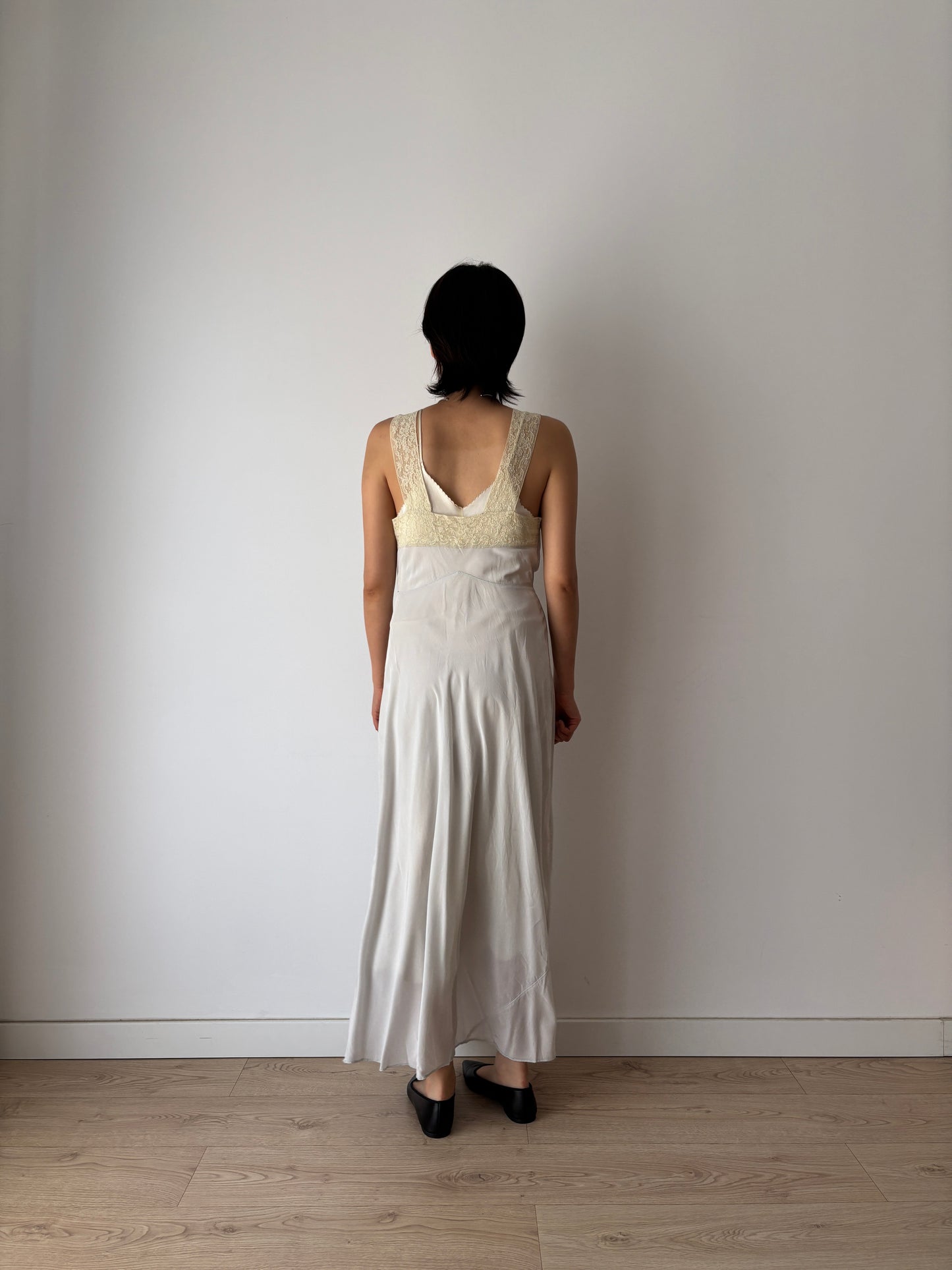 1940s Antique Grey Blue Lace Liquid Rayon Slip dress