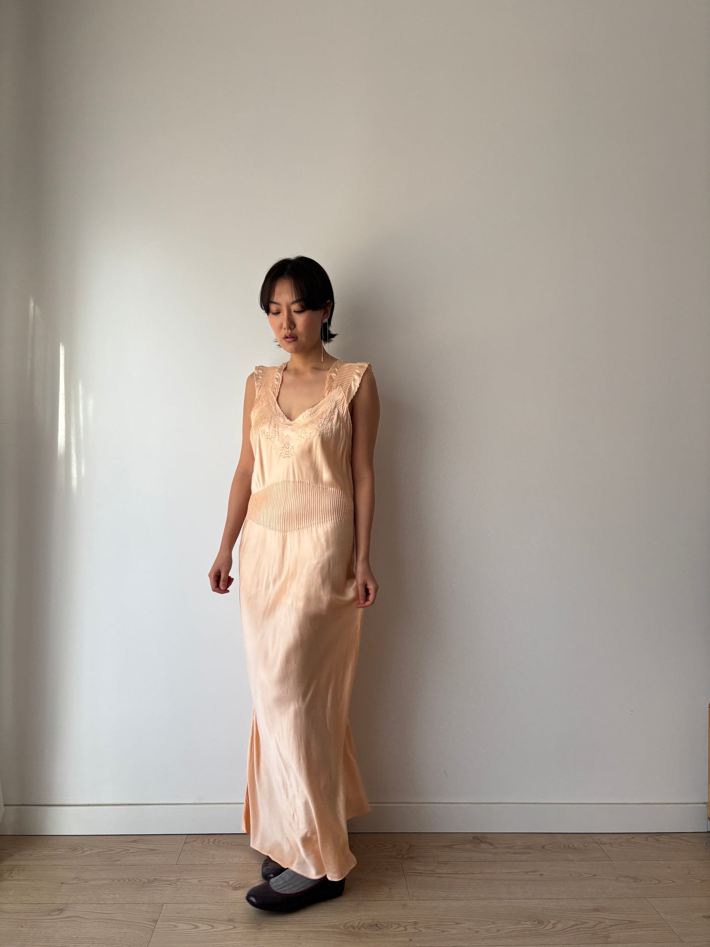 1940s Pin Tuck Antique Pastel Pink Pure Silk Lace Bias Cut Embroidered Nightgown