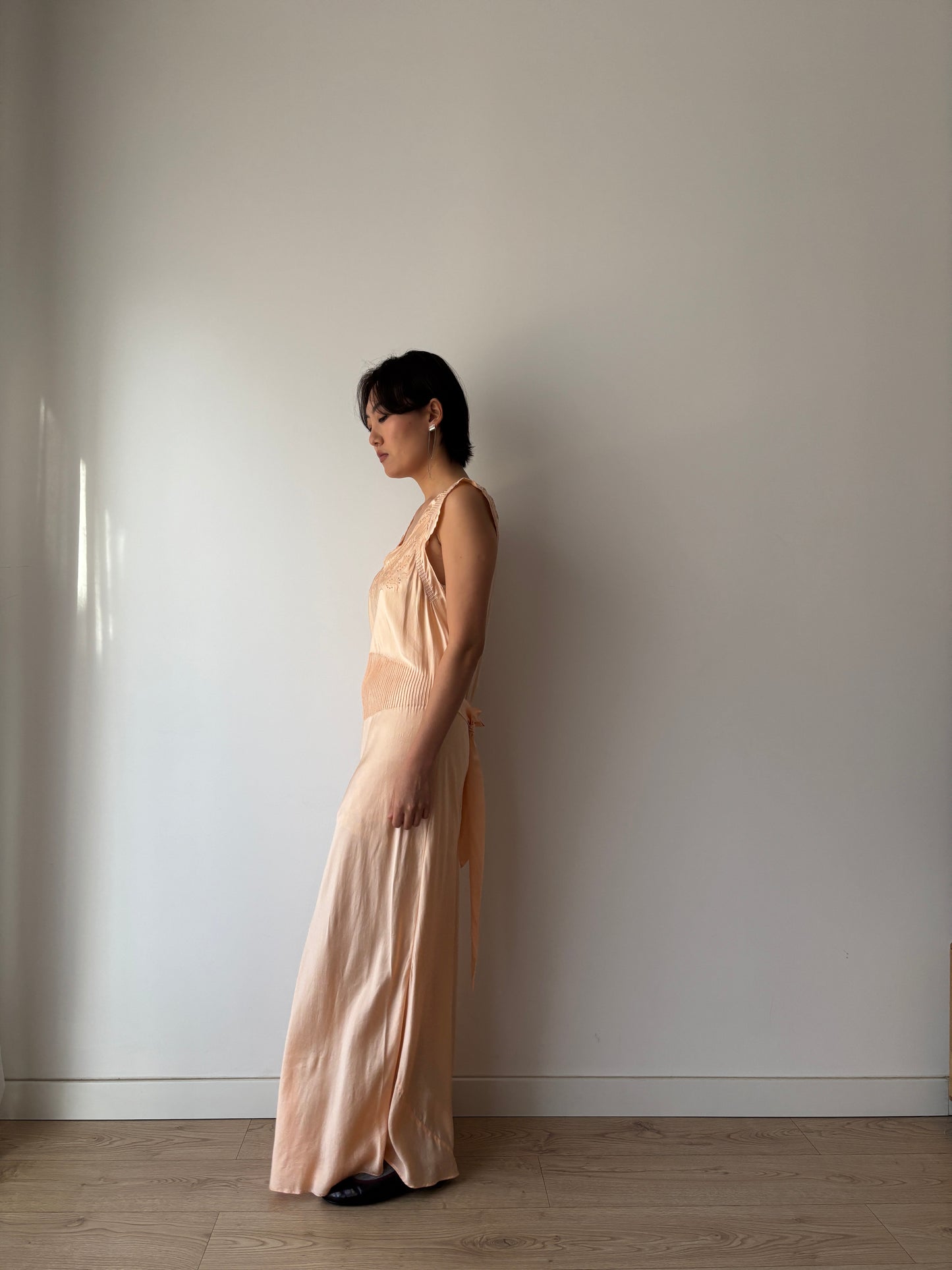 1940s Pin Tuck Antique Pastel Pink Pure Silk Lace Bias Cut Embroidered Nightgown