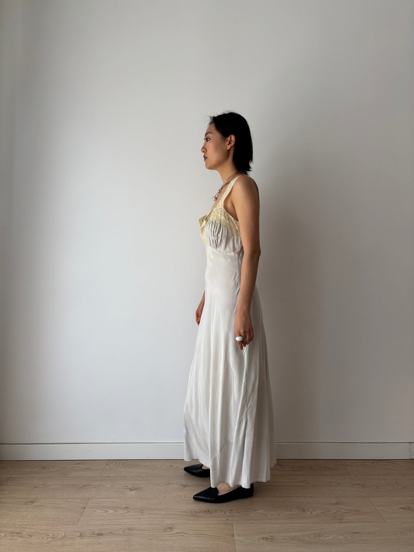 1940s Antique Grey Blue Lace Liquid Rayon Slip dress