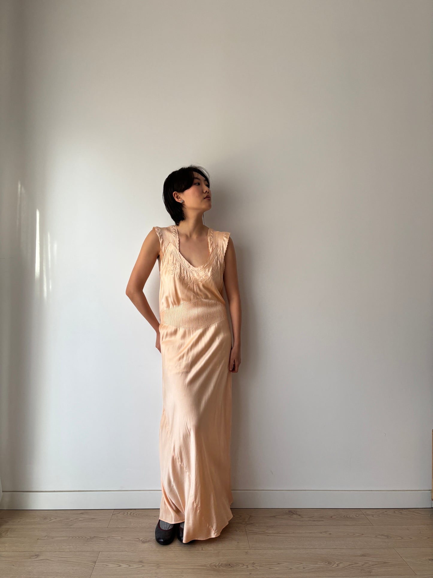 1940s Pin Tuck Antique Pastel Pink Pure Silk Lace Bias Cut Embroidered Nightgown