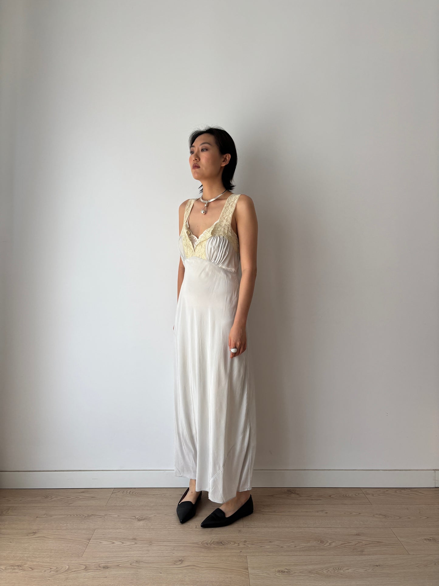 1940s Antique Grey Blue Lace Liquid Rayon Slip dress