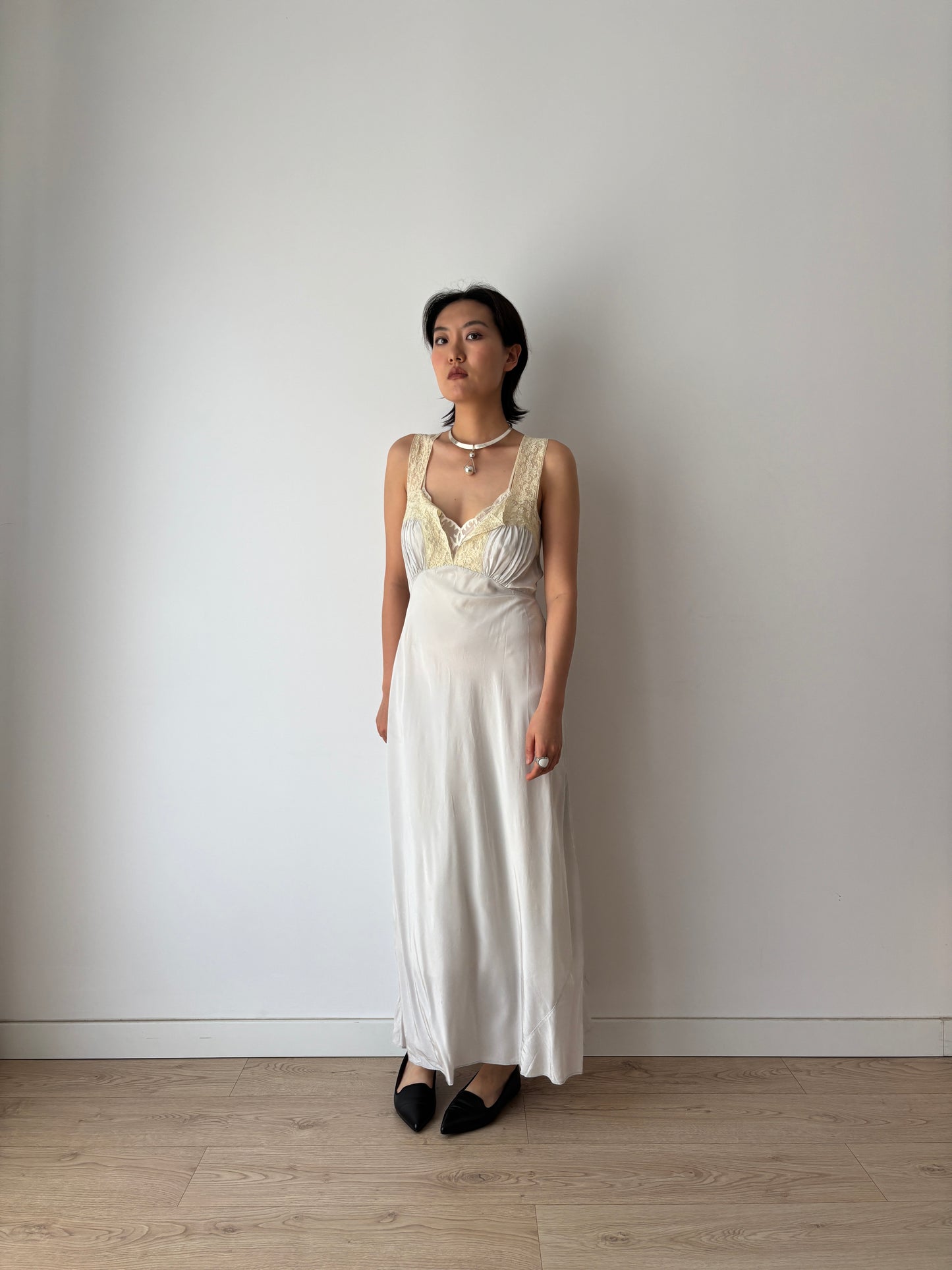 1940s Antique Grey Blue Lace Liquid Rayon Slip dress