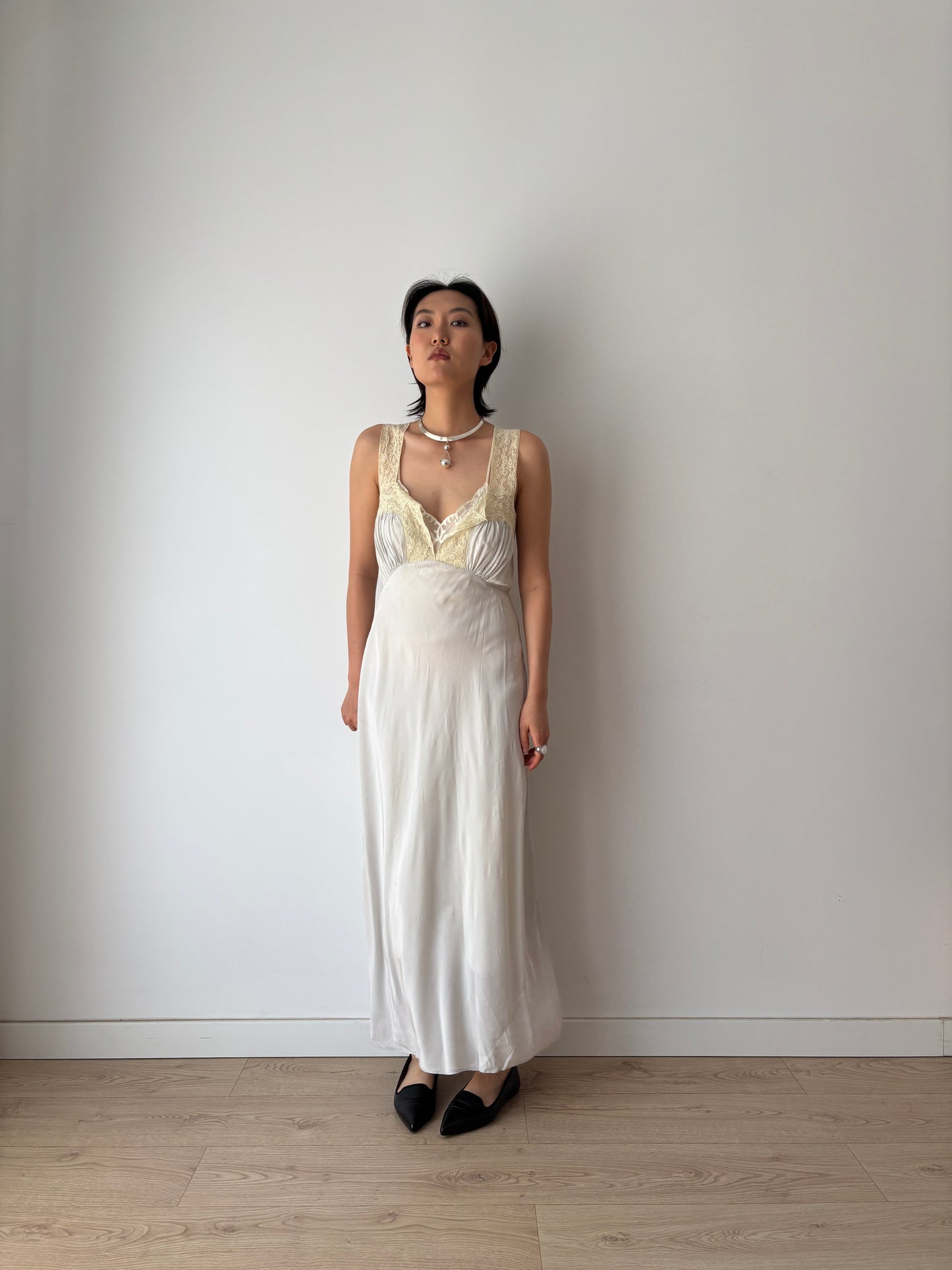 1940s Antique Grey Blue Lace Liquid Rayon Slip dress