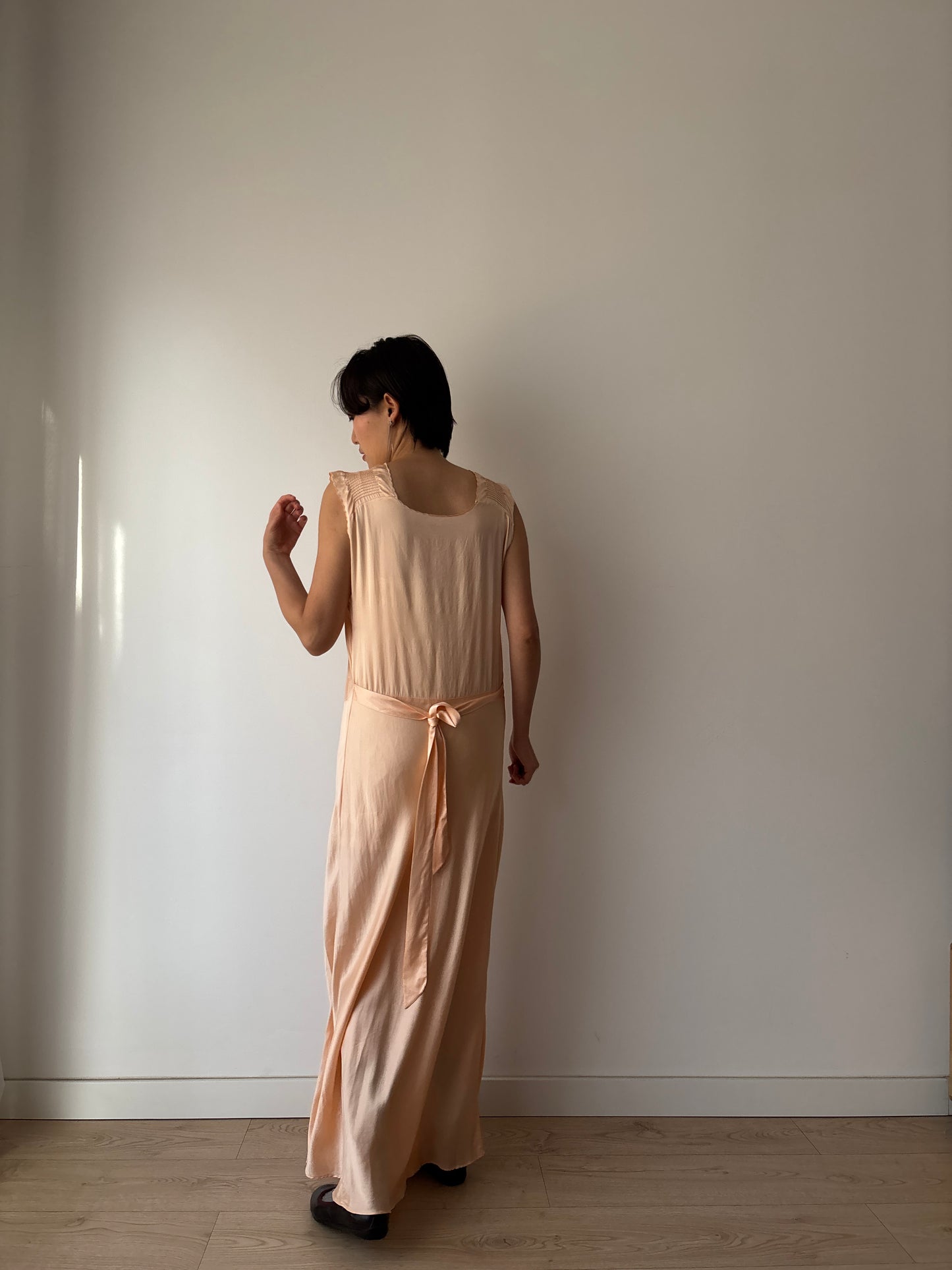 1940s Pin Tuck Antique Pastel Pink Pure Silk Lace Bias Cut Embroidered Nightgown