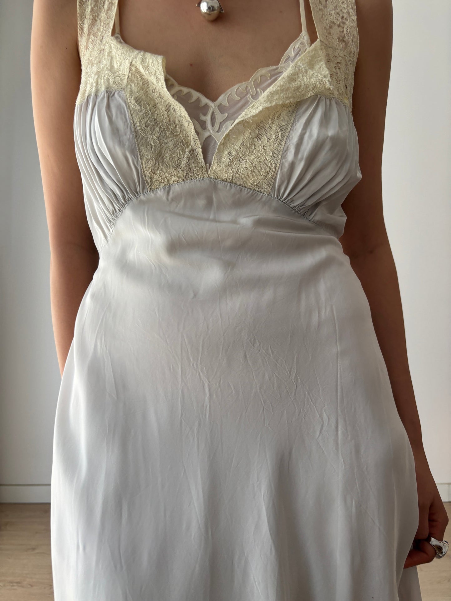 1940s Antique Grey Blue Lace Liquid Rayon Slip dress