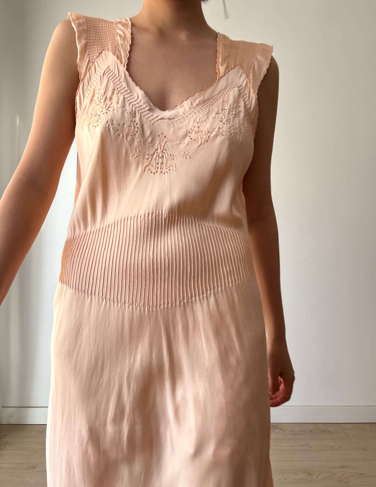 1940s Pin Tuck Antique Pastel Pink Pure Silk Lace Bias Cut Embroidered Nightgown