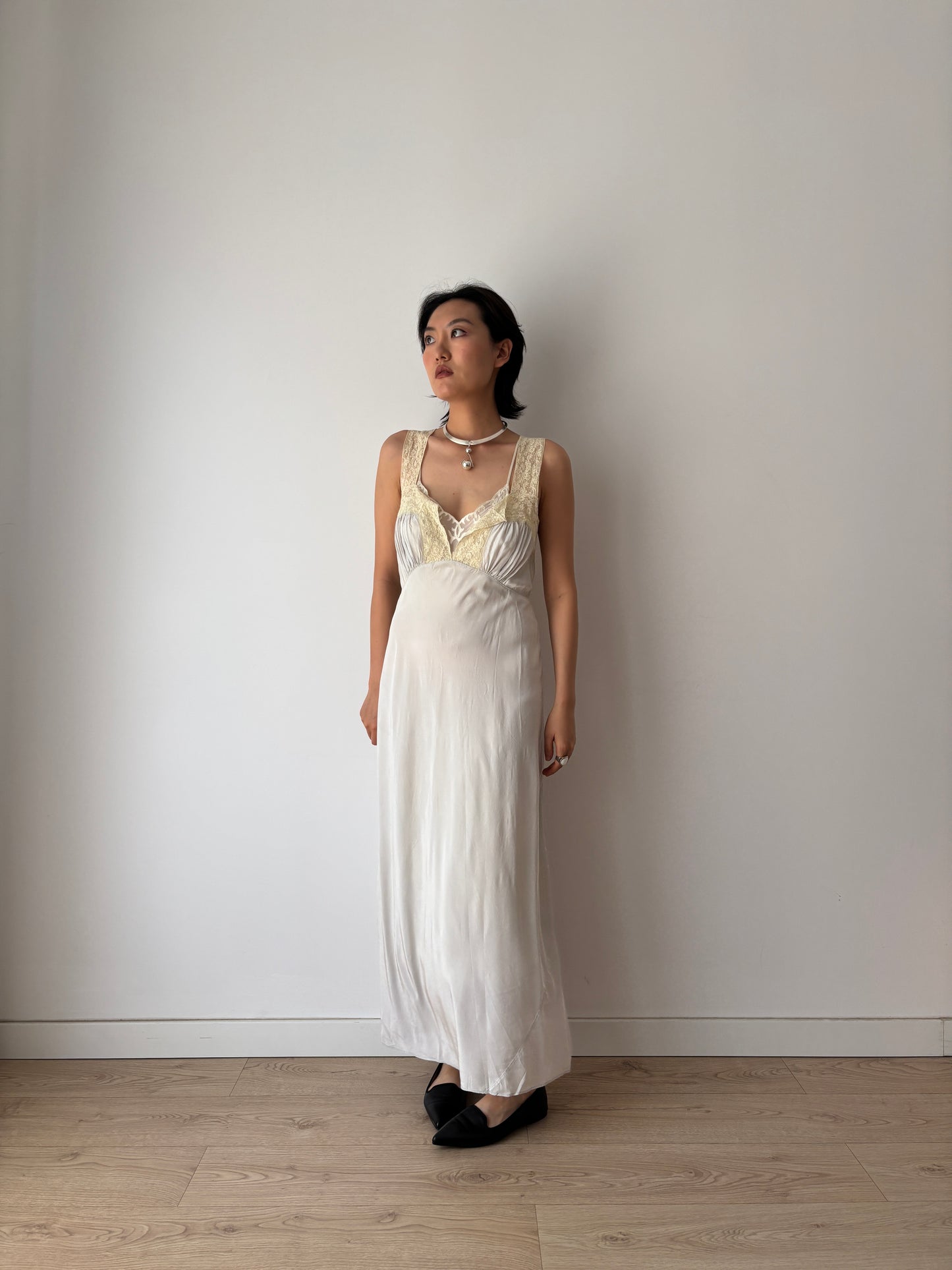 1940s Antique Grey Blue Lace Liquid Rayon Slip dress