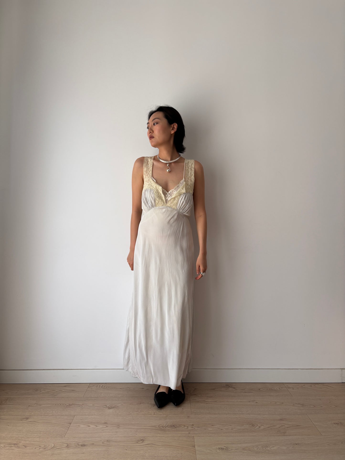 1940s Antique Grey Blue Lace Liquid Rayon Slip dress