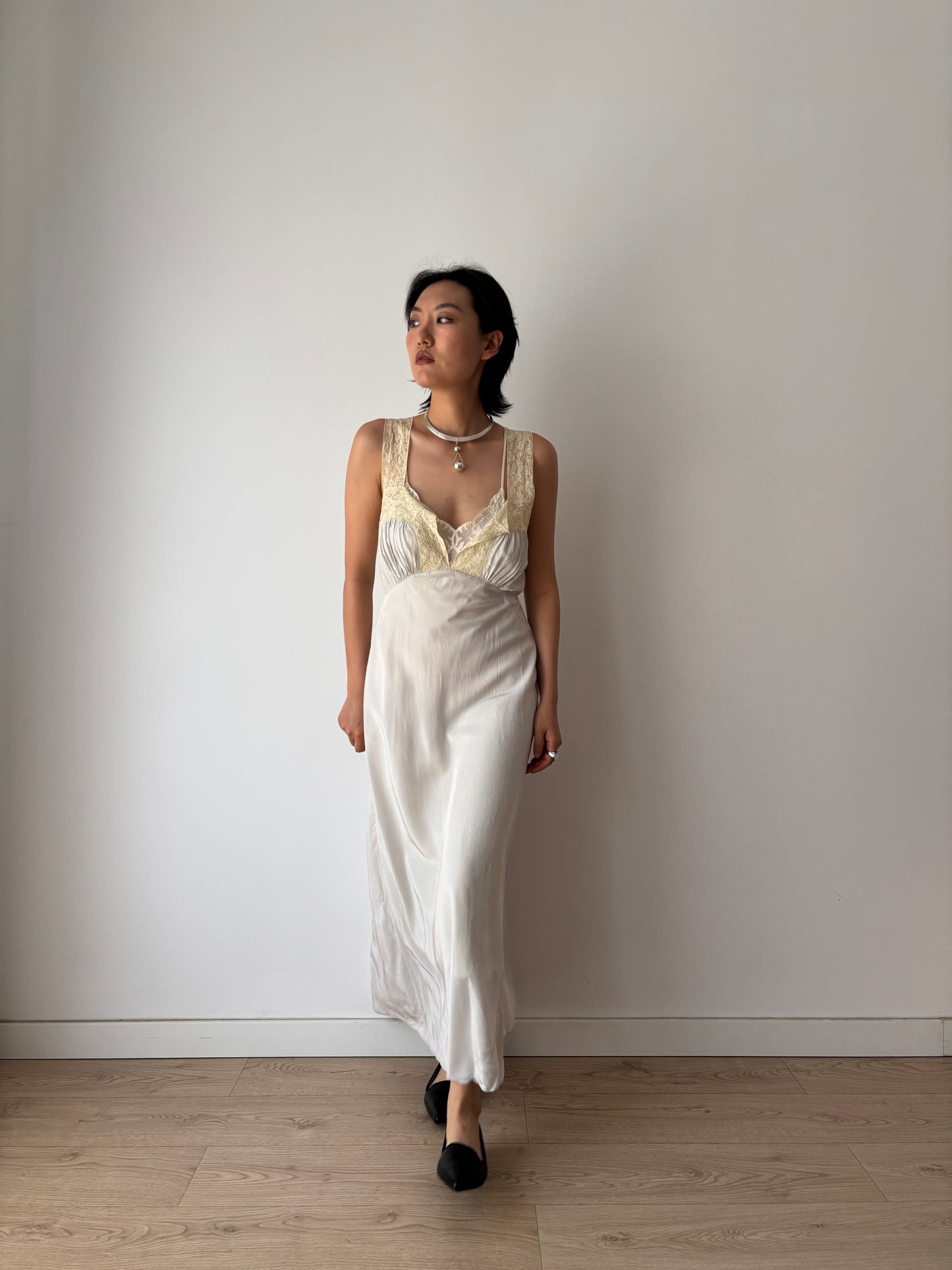 1940s Antique Grey Blue Lace Liquid Rayon Slip dress