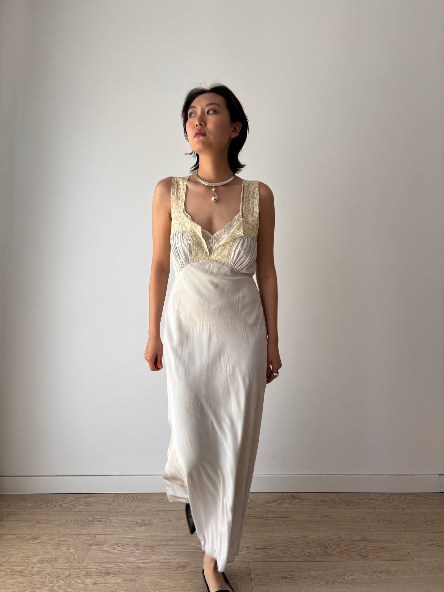 1940s Antique Grey Blue Lace Liquid Rayon Slip dress