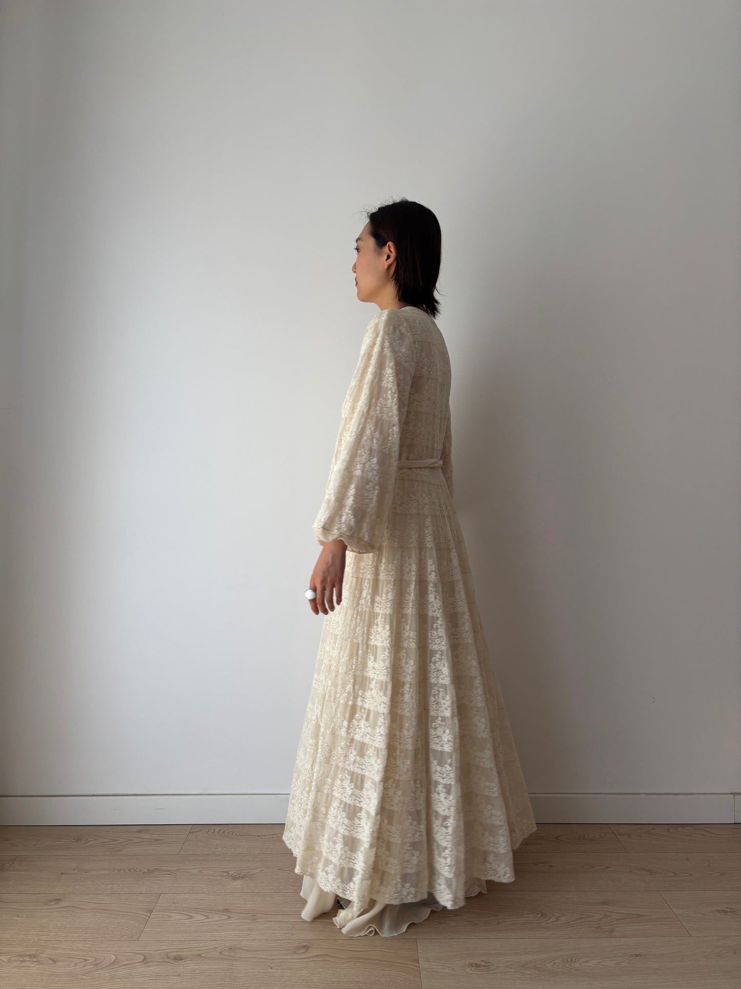 1930s Antique White Pure Silk Nightgown with Heavy Lace, Romantic Edwardian Nightwear