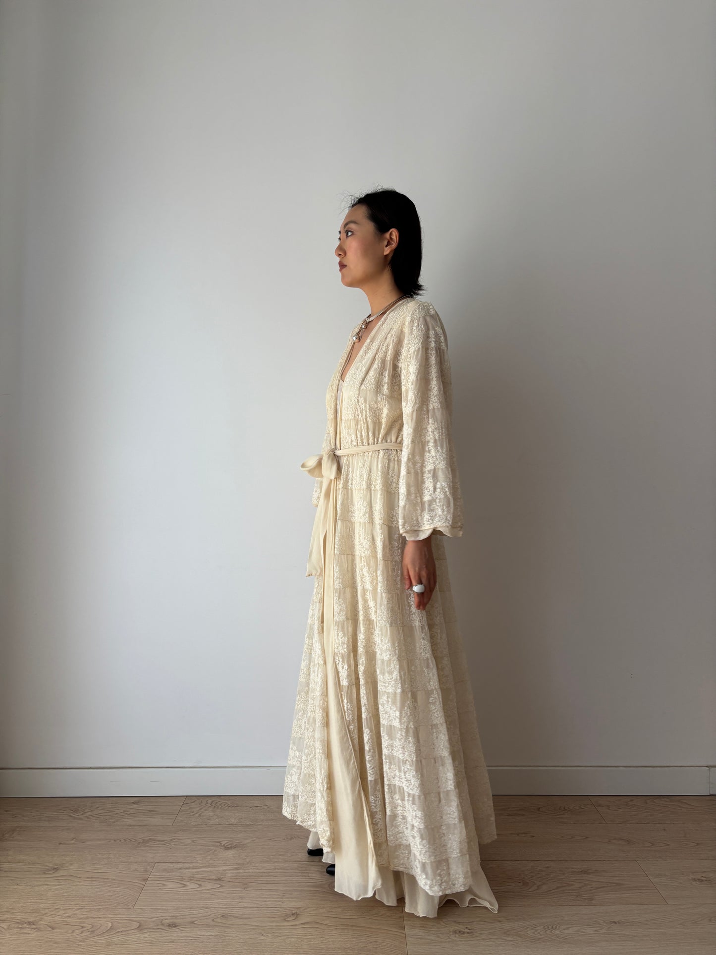 1930s Antique White Pure Silk Nightgown with Heavy Lace, Romantic Edwardian Nightwear