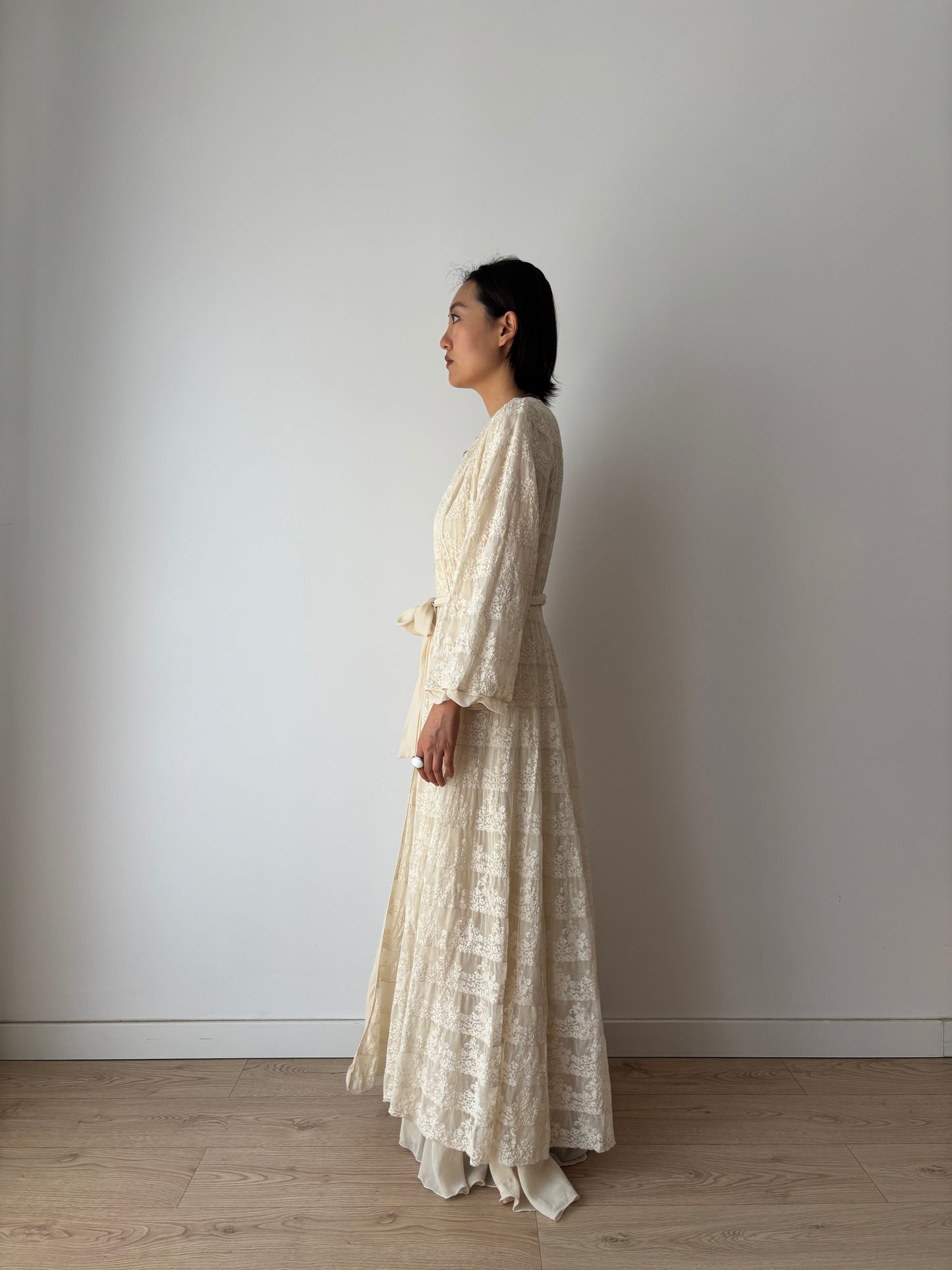 1930s Antique White Pure Silk Nightgown with Heavy Lace, Romantic Edwardian Nightwear