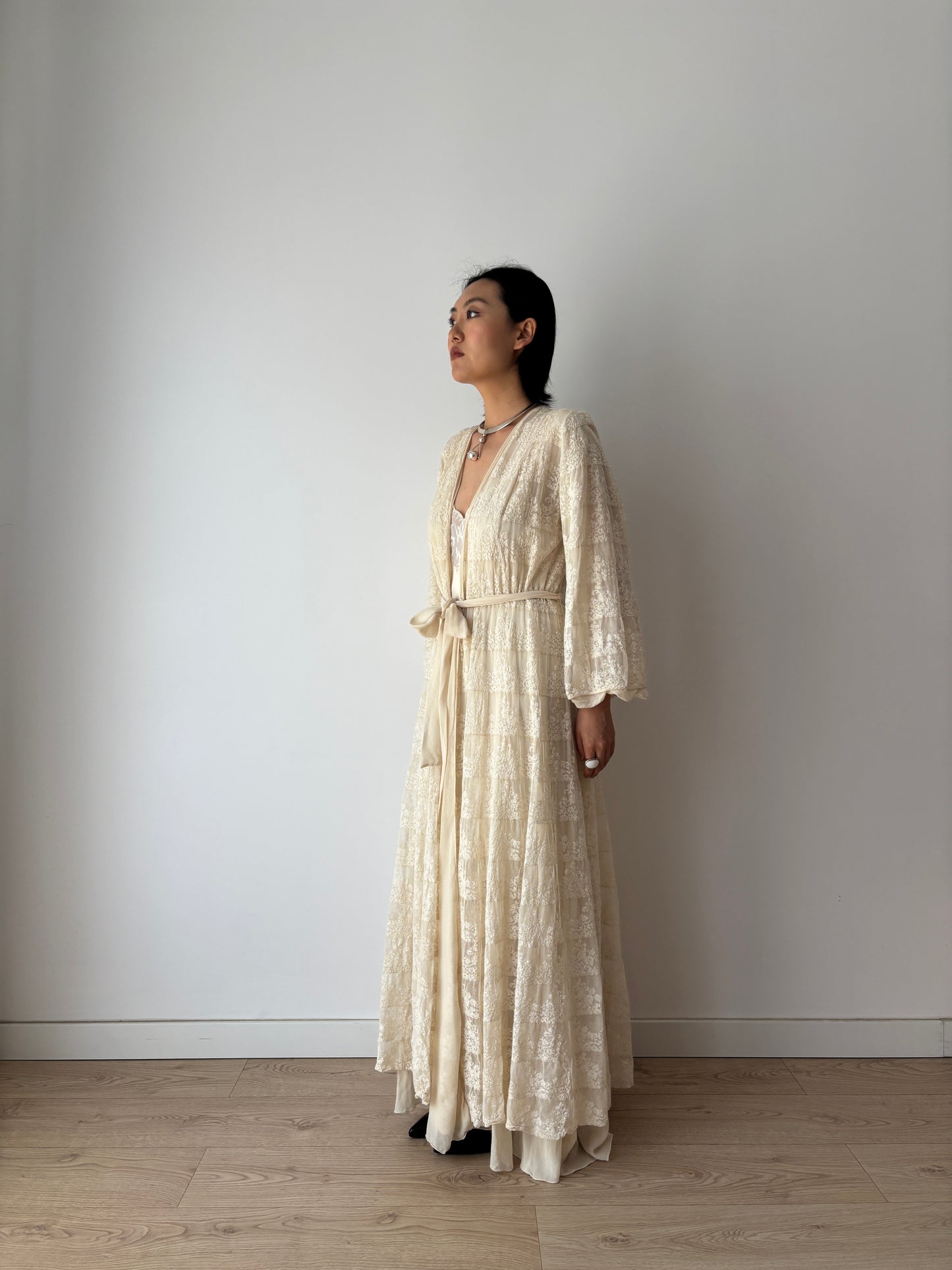 1930s Antique White Pure Silk Nightgown with Heavy Lace, Romantic Edwardian Nightwear