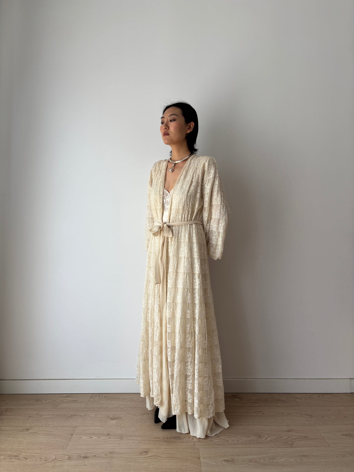 1930s Antique White Pure Silk Nightgown with Heavy Lace, Romantic Edwardian Nightwear