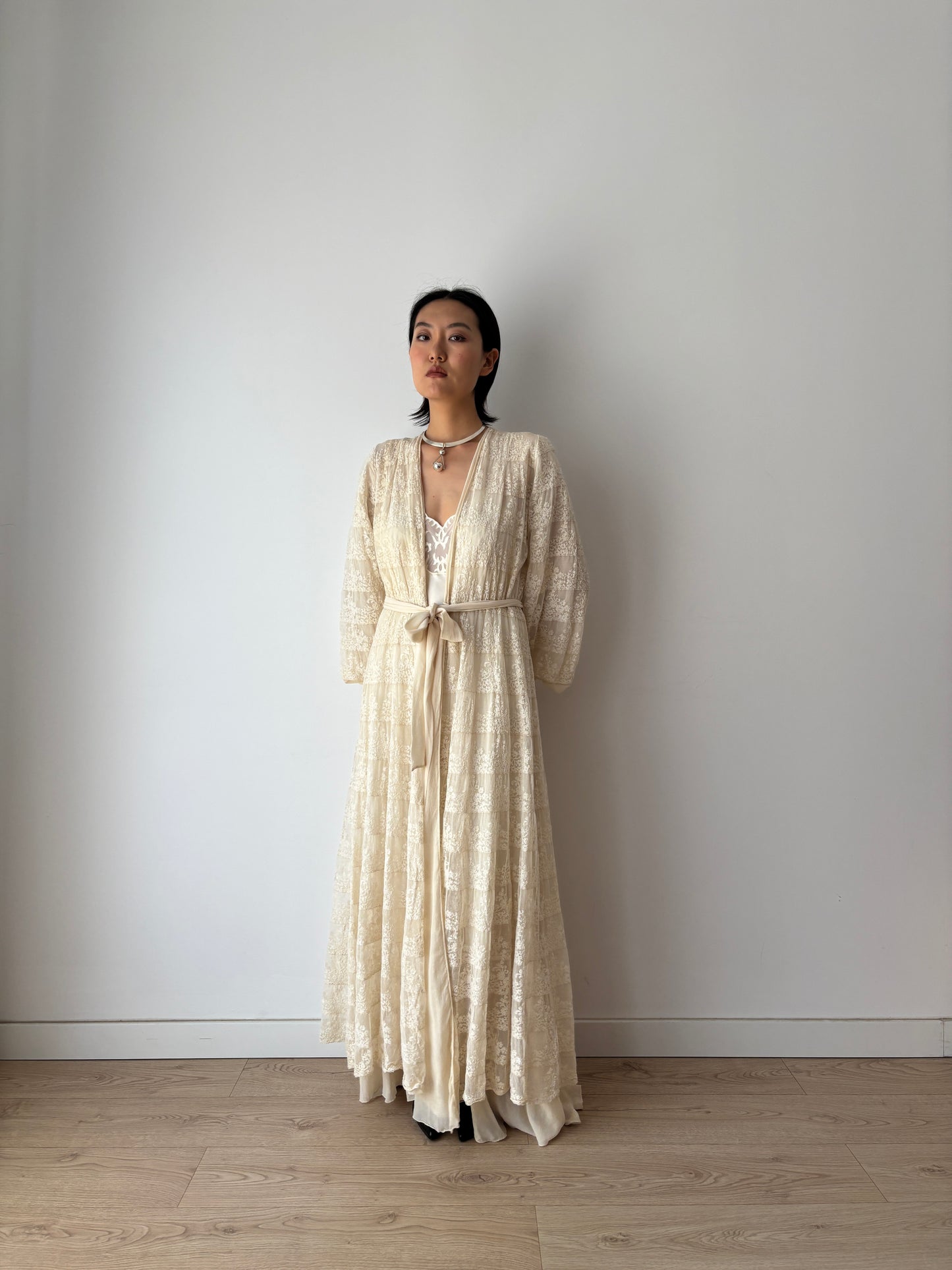 1930s Antique White Pure Silk Nightgown with Heavy Lace, Romantic Edwardian Nightwear