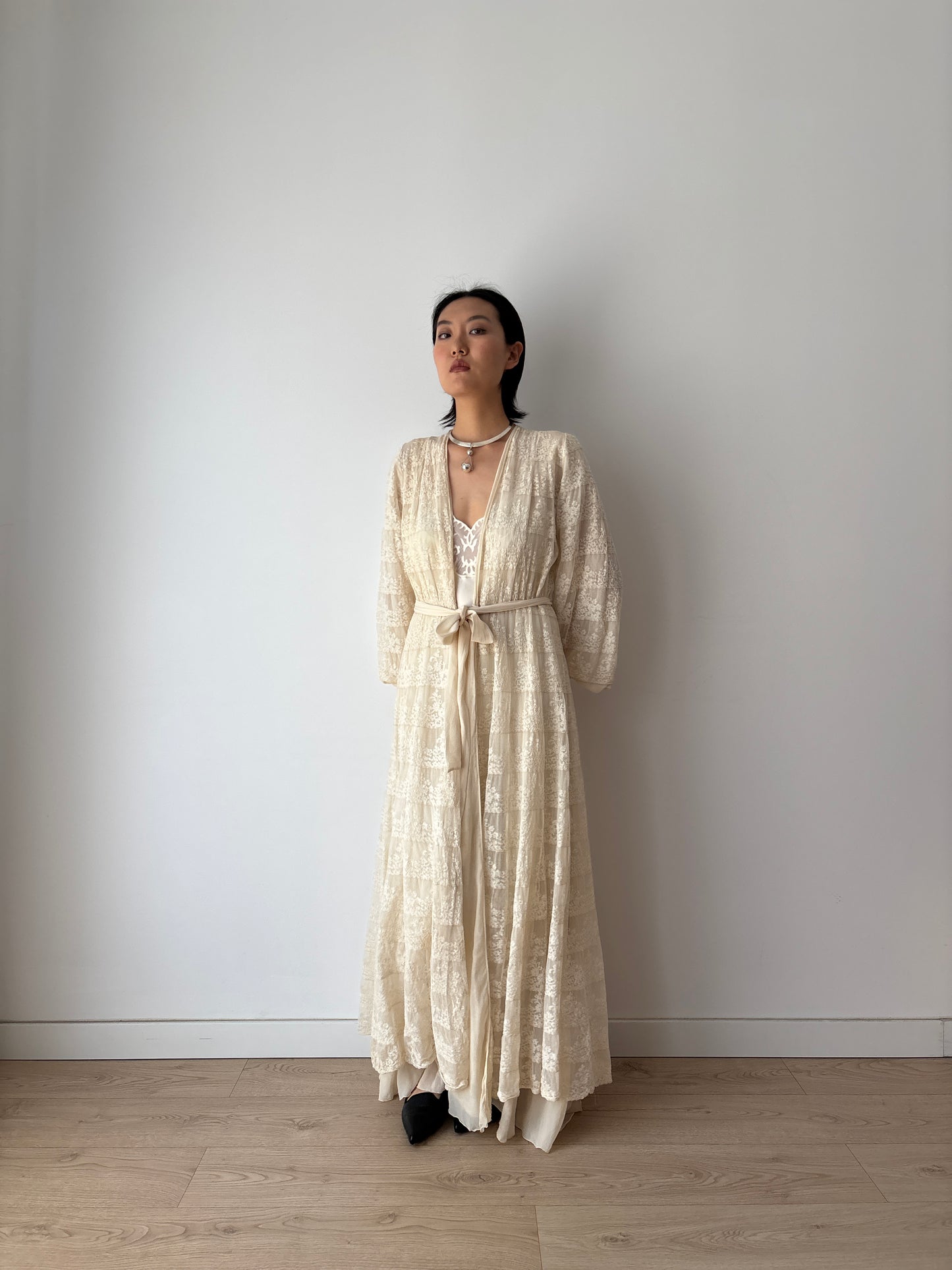 1930s Antique White Pure Silk Nightgown with Heavy Lace, Romantic Edwardian Nightwear