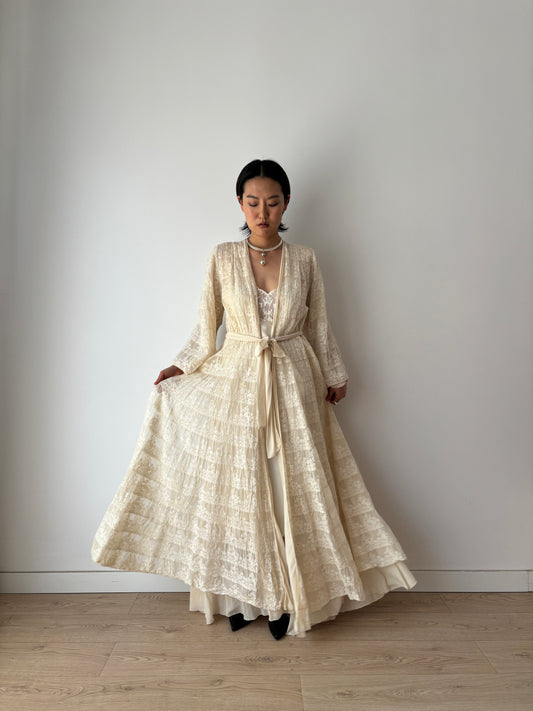 1930s Antique White Pure Silk Nightgown with Heavy Lace, Romantic Edwardian Nightwear