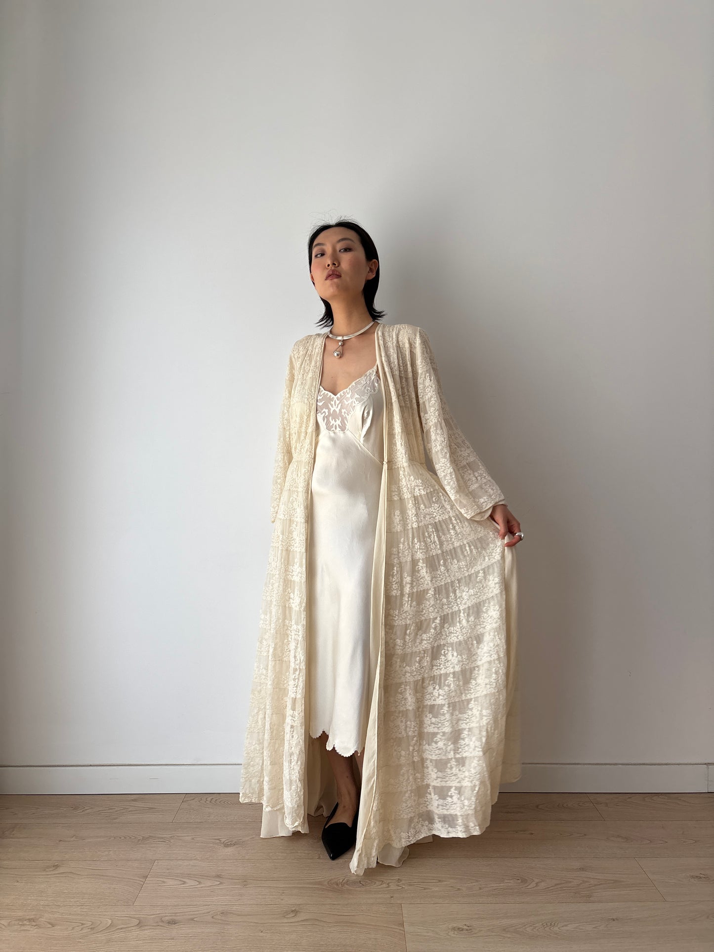 1930s Antique White Pure Silk Nightgown with Heavy Lace, Romantic Edwardian Nightwear