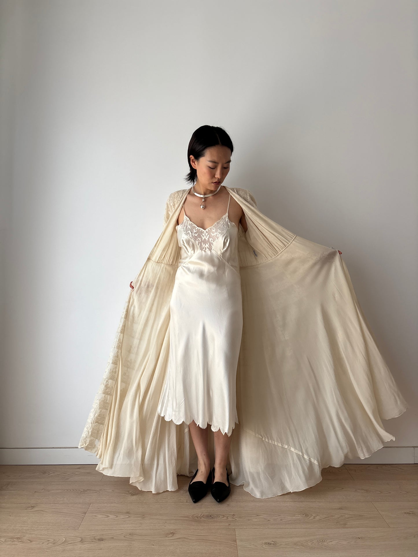 1930s Antique White Pure Silk Nightgown with Heavy Lace, Romantic Edwardian Nightwear