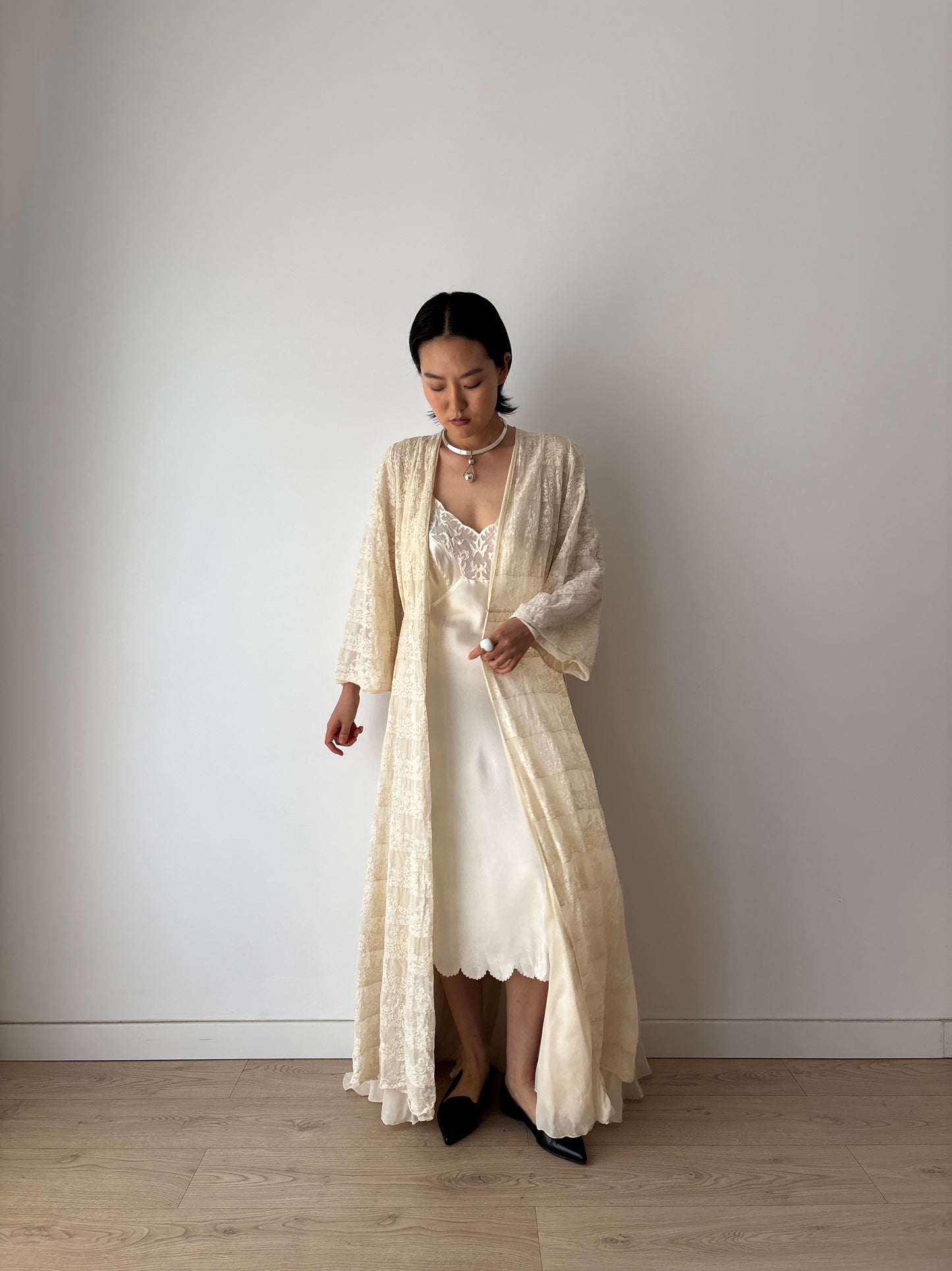 1930s Antique White Pure Silk Nightgown with Heavy Lace, Romantic Edwardian Nightwear